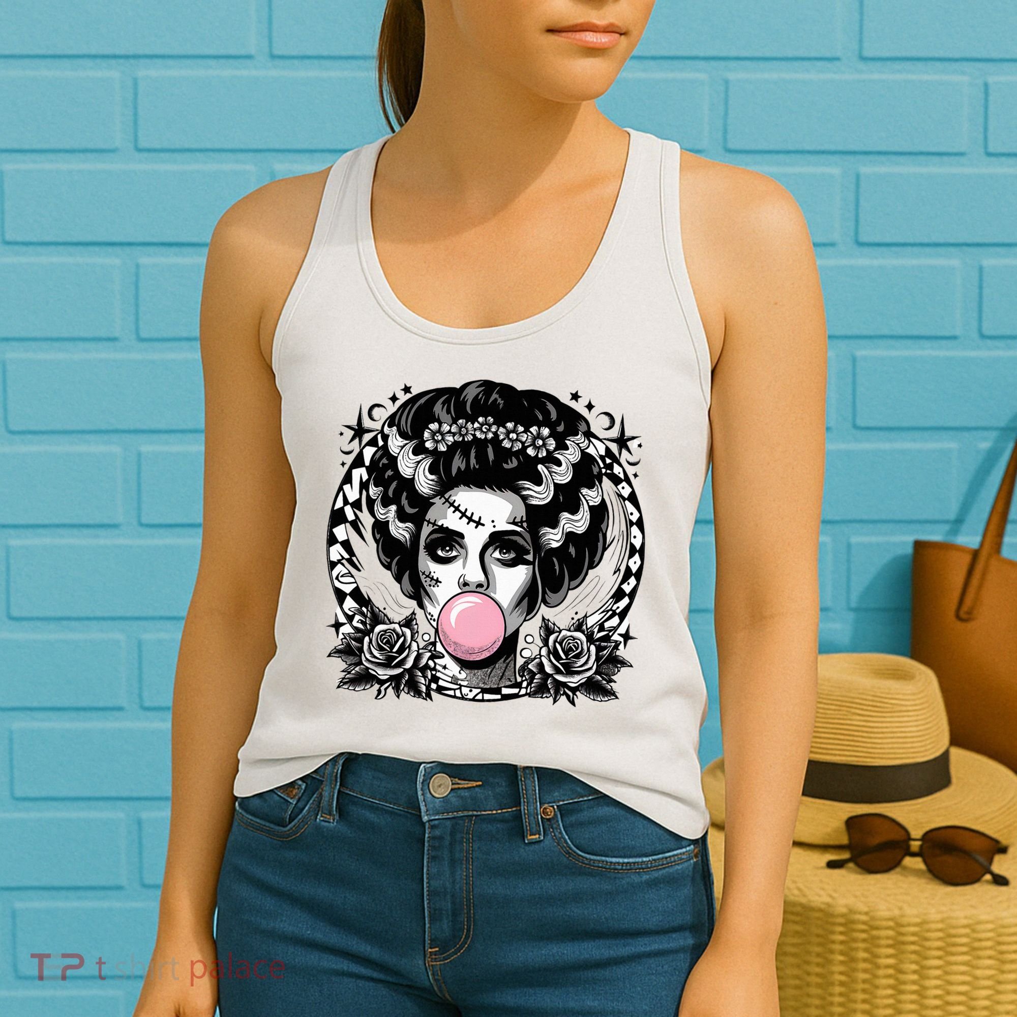 Frankenstein Monster And Bride B.U.B.B.L.E G.U.M Funny Halloween Women's Tank Top