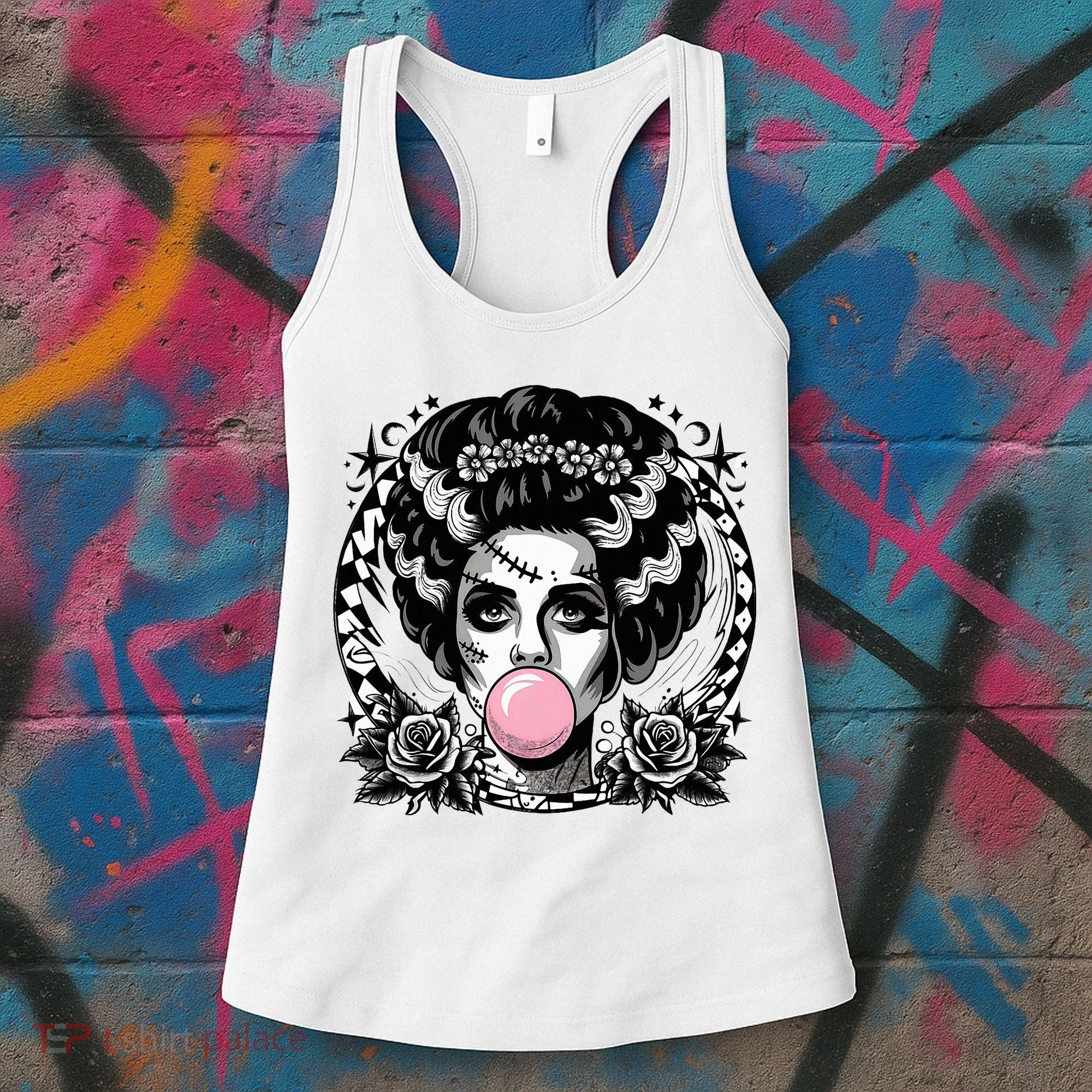 Frankenstein Monster And Bride B.U.B.B.L.E G.U.M Funny Halloween Women's Tank Top