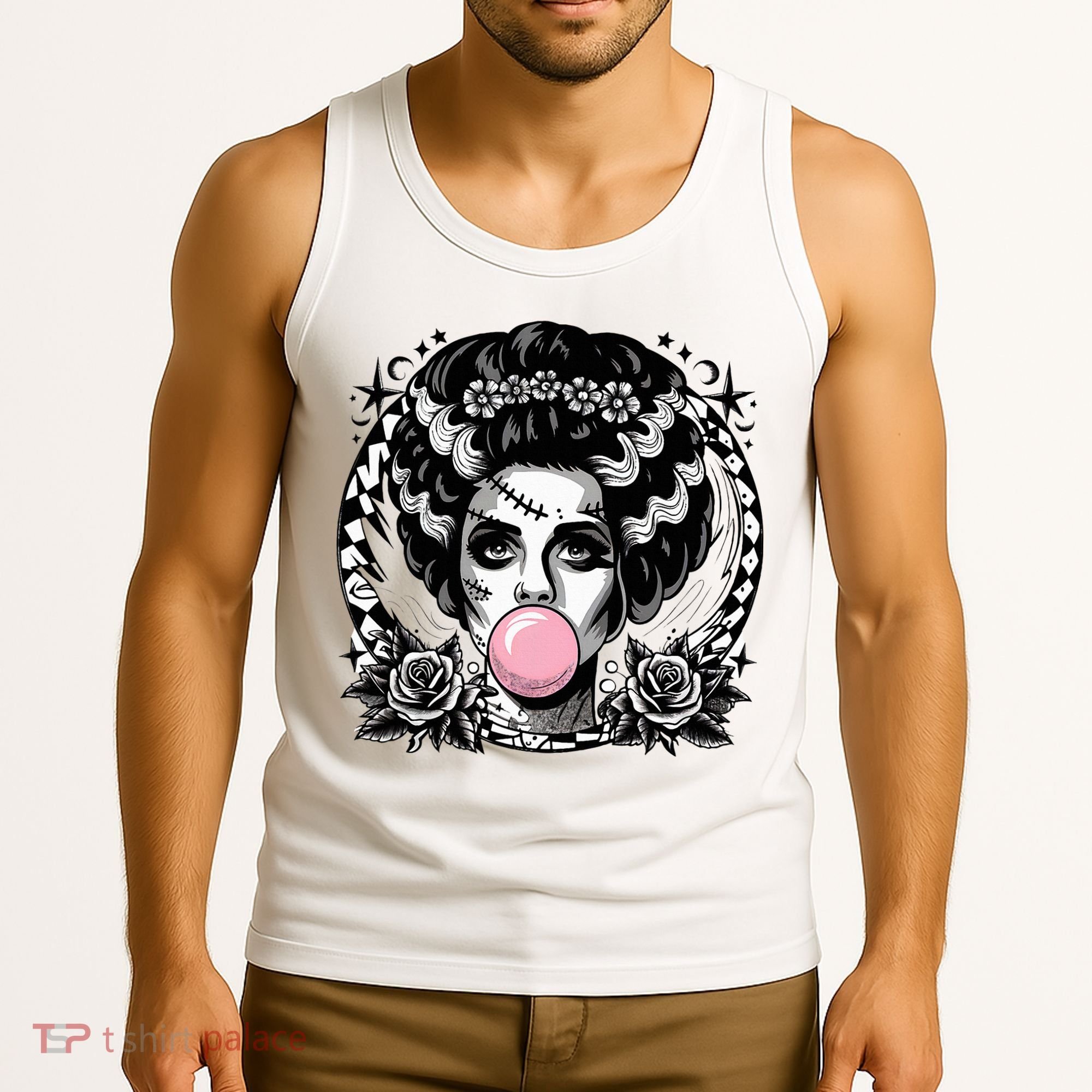 Frankenstein Monster And Bride B.U.B.B.L.E G.U.M Funny Halloween Tank Top