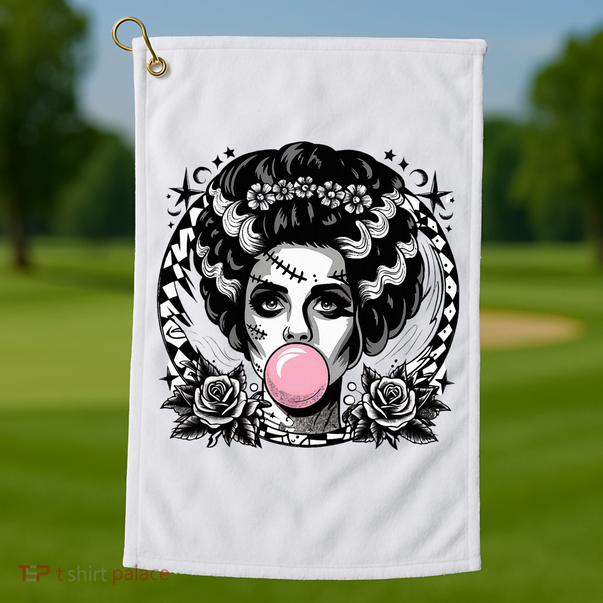 Frankenstein Monster And Bride B.U.B.B.L.E G.U.M Funny Halloween Golf Towel