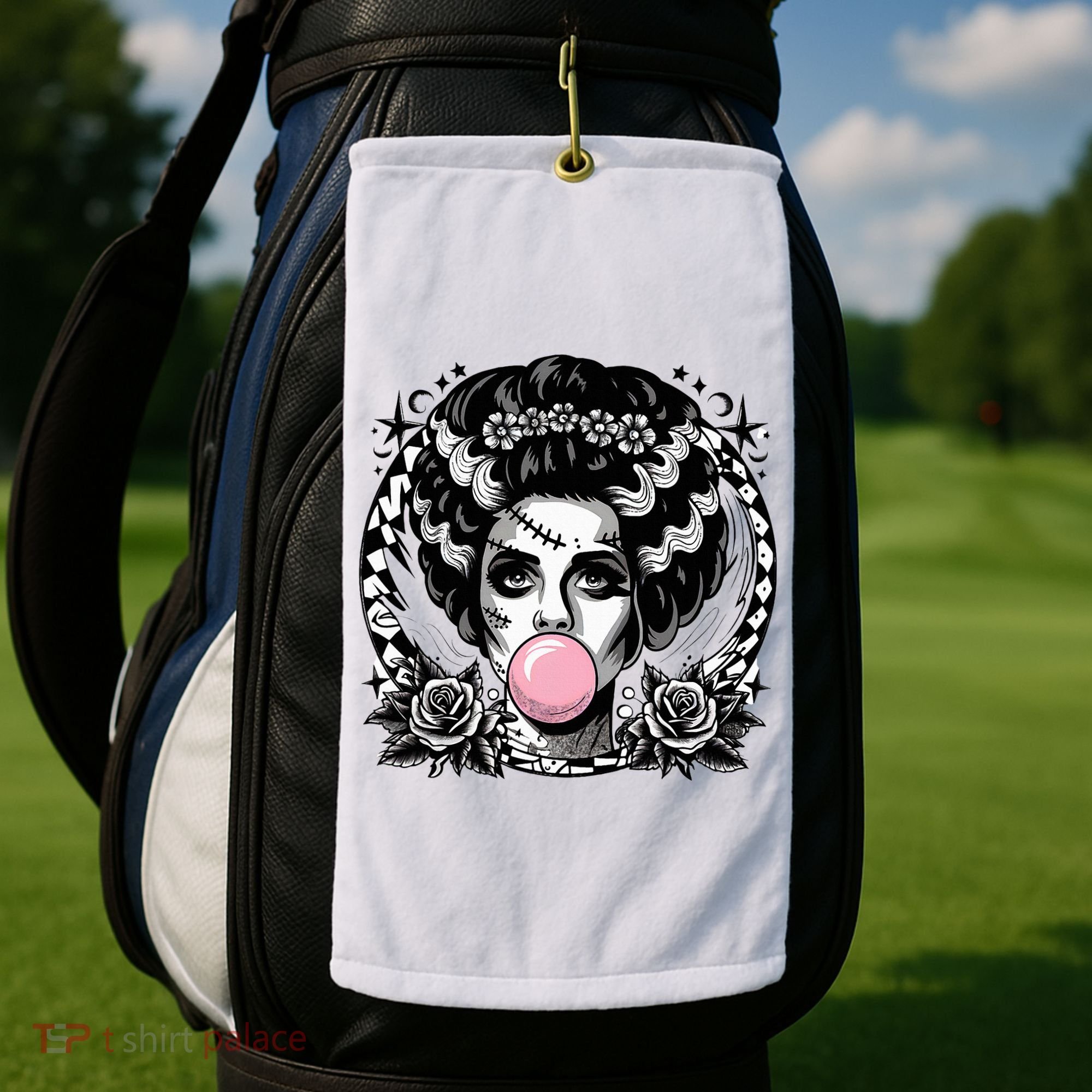Frankenstein Monster And Bride B.U.B.B.L.E G.U.M Funny Halloween Golf Towel