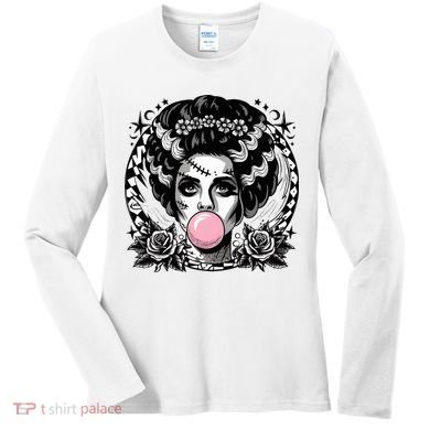 Frankenstein Monster And Bride B.U.B.B.L.E G.U.M Funny Halloween Women's Long Sleeve Shirt