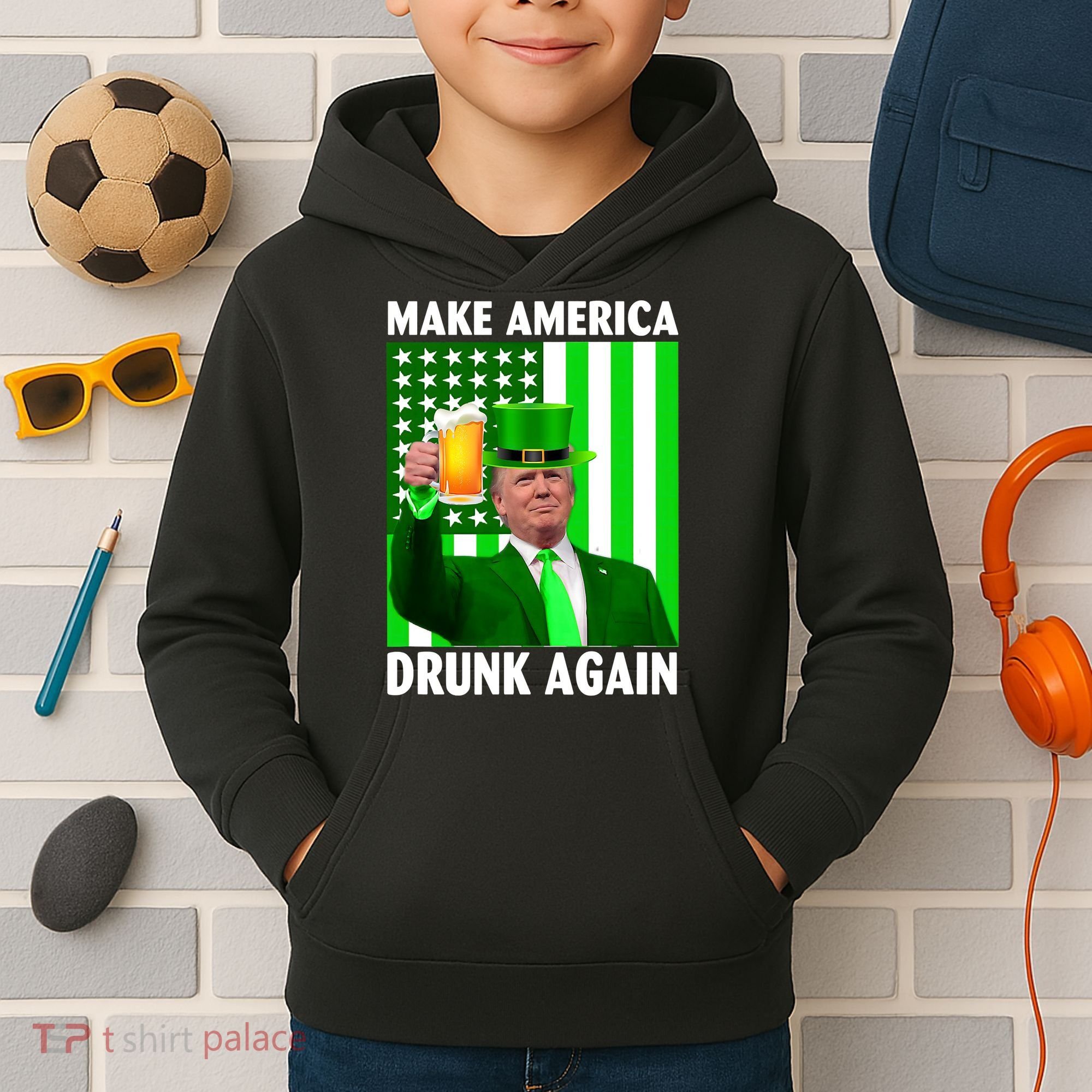 Funny Make America Drunk Again Trump Patricks Day Kids Hoodie