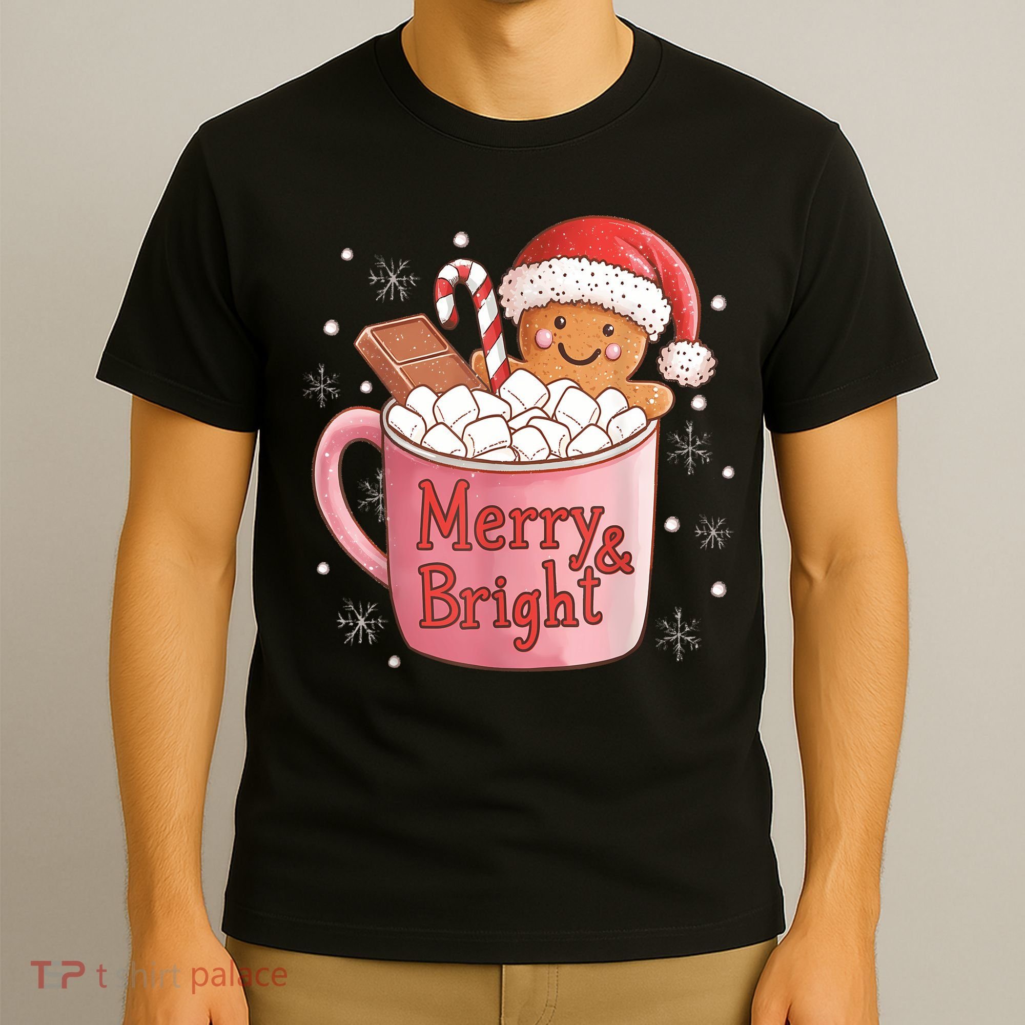 Funny Merry And Bright Christmas Gingerbread Man Hot Cocoa T-Shirt