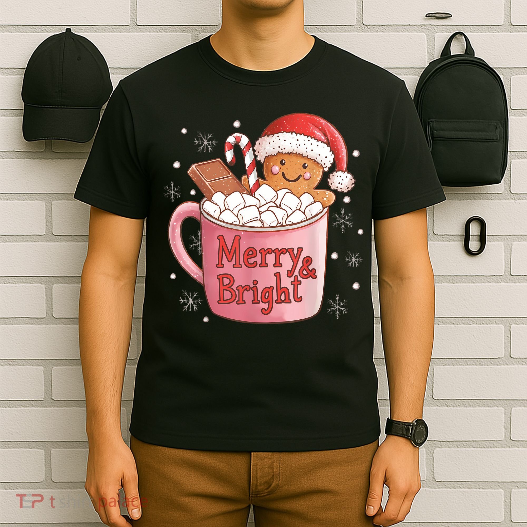 Funny Merry And Bright Christmas Gingerbread Man Hot Cocoa T-Shirt