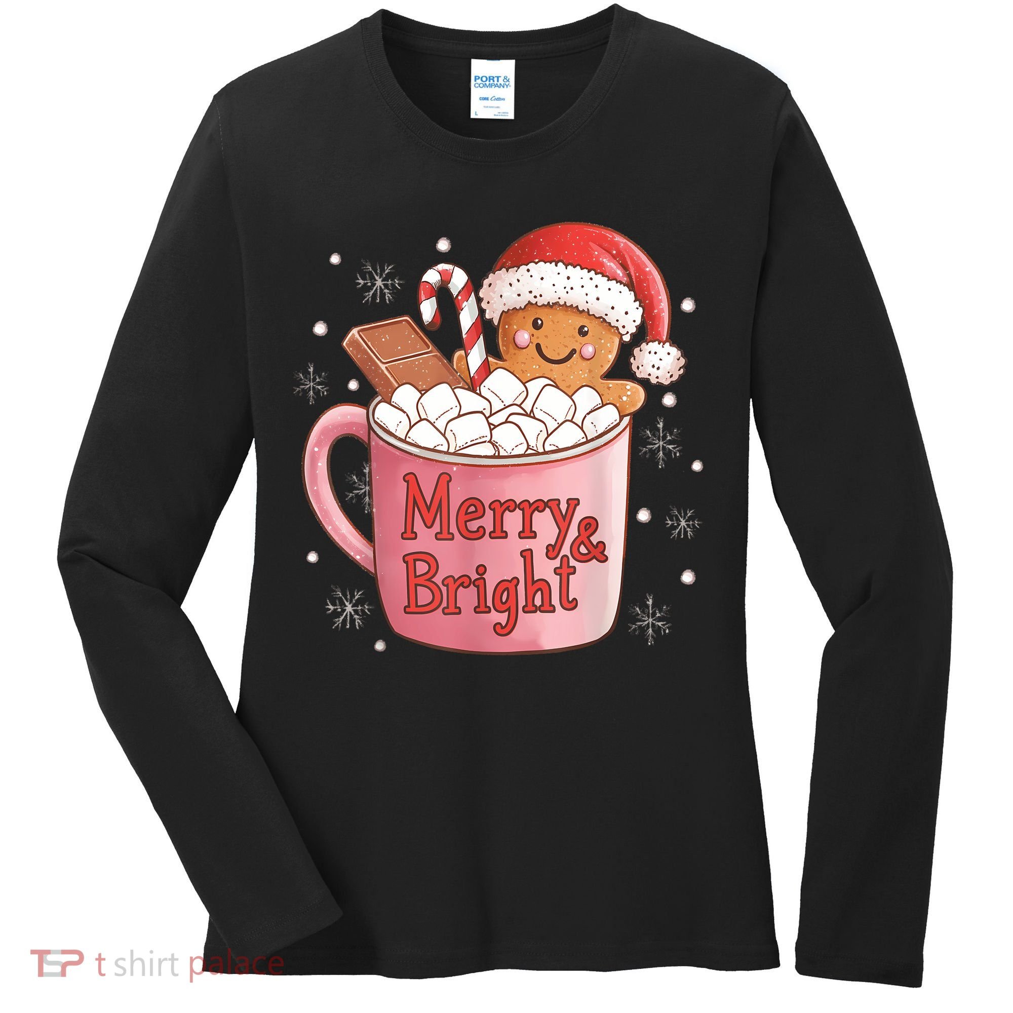 Funny Merry And Bright Christmas Gingerbread Man Hot Cocoa Women's Long Sleeve Shirt