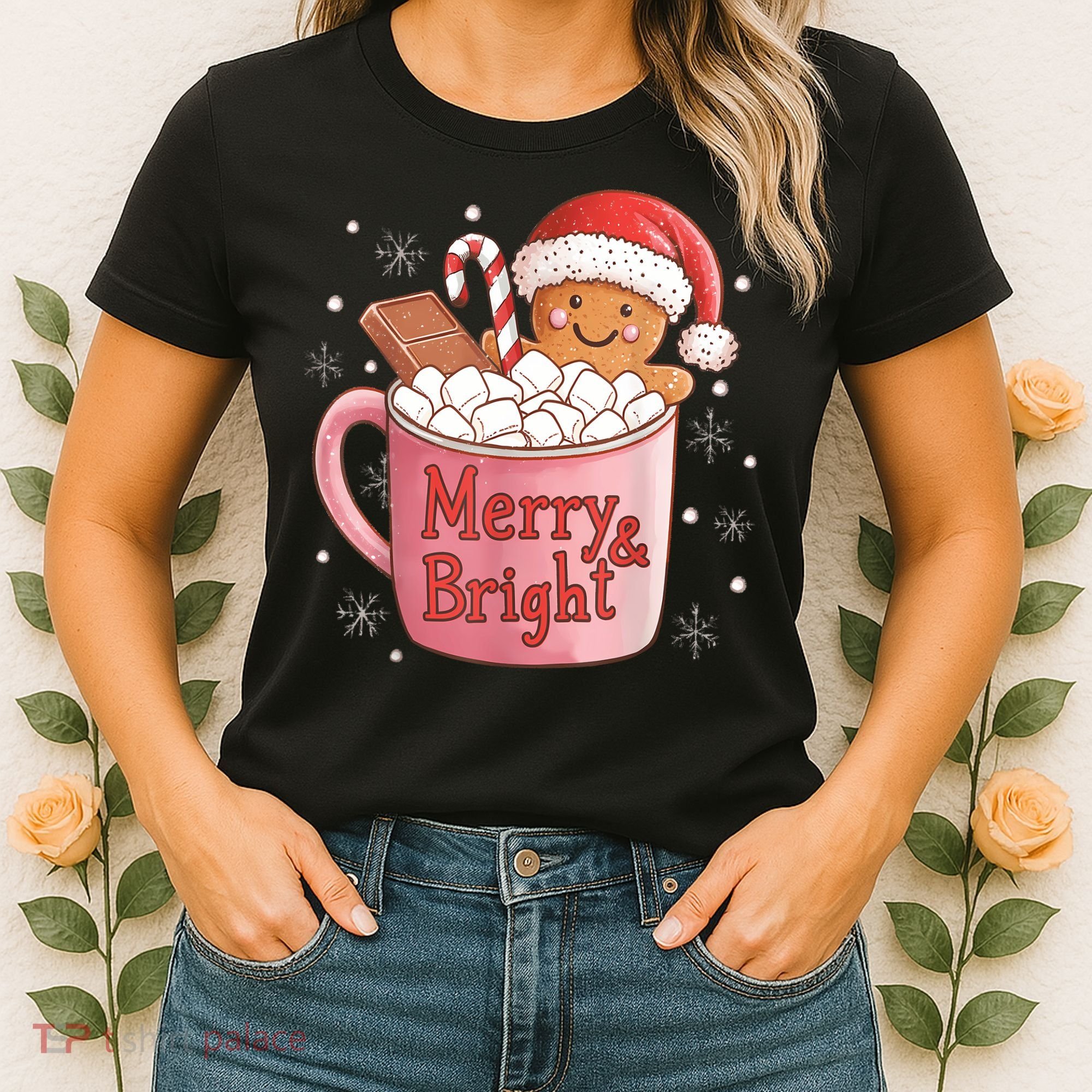 Funny Merry And Bright Christmas Gingerbread Man Hot Cocoa Women's T-Shirt