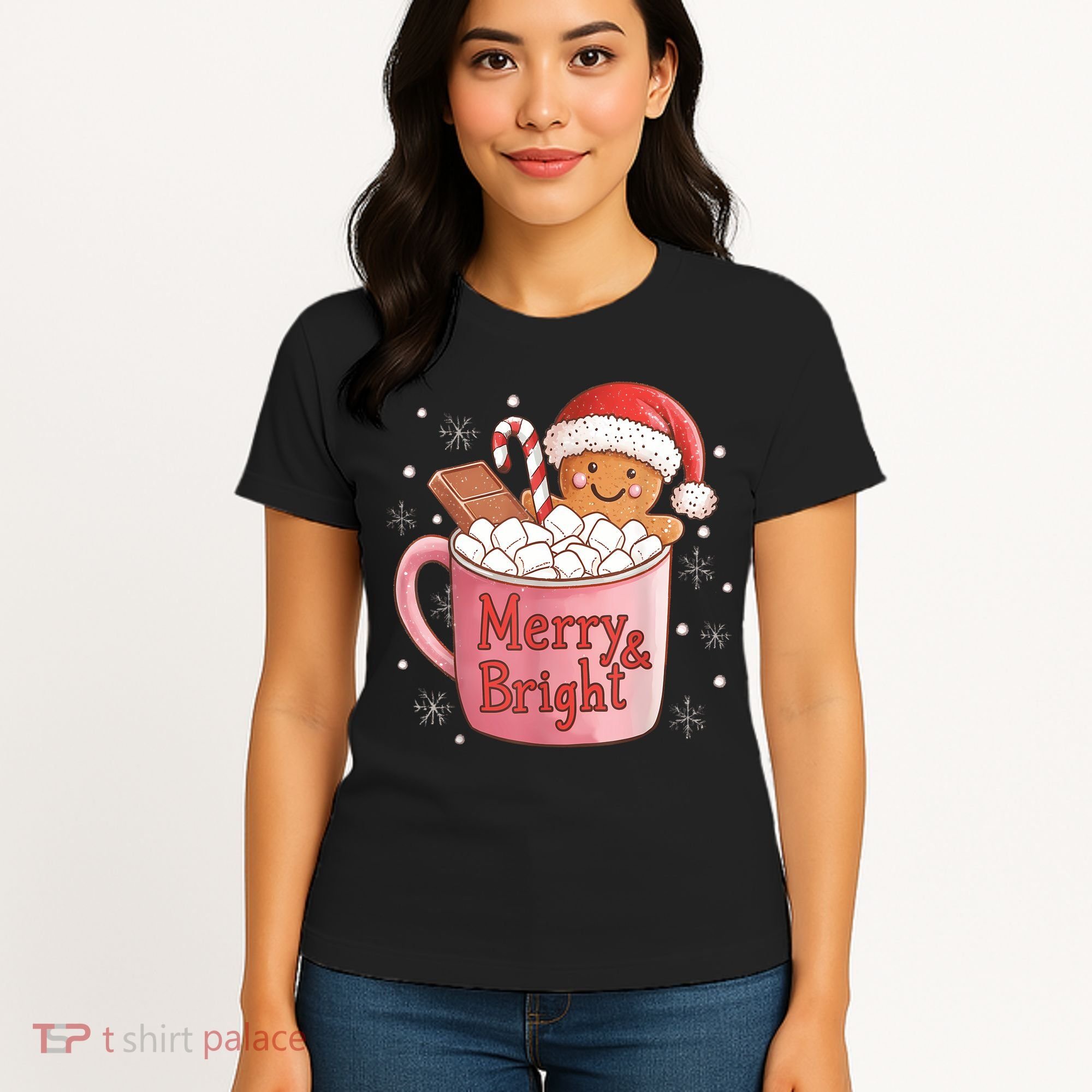 Funny Merry And Bright Christmas Gingerbread Man Hot Cocoa Women's T-Shirt