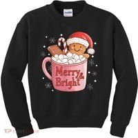 Funny Merry And Bright Christmas Gingerbread Man Hot Cocoa Kids Sweatshirt thumb 0
