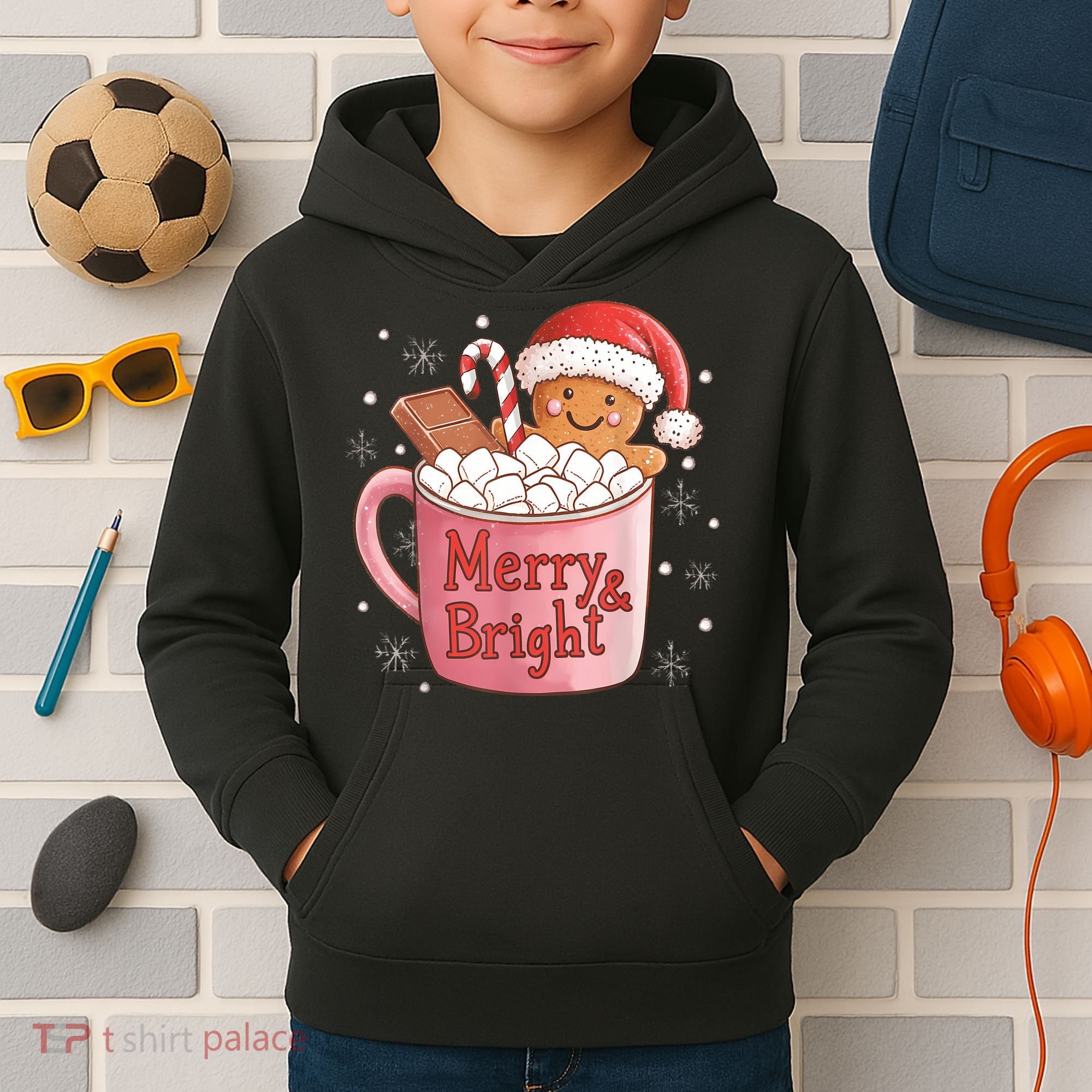 Funny Merry And Bright Christmas Gingerbread Man Hot Cocoa Kids Hoodie