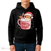 Funny Merry And Bright Christmas Gingerbread Man Hot Cocoa Kids Hoodie thumb 4