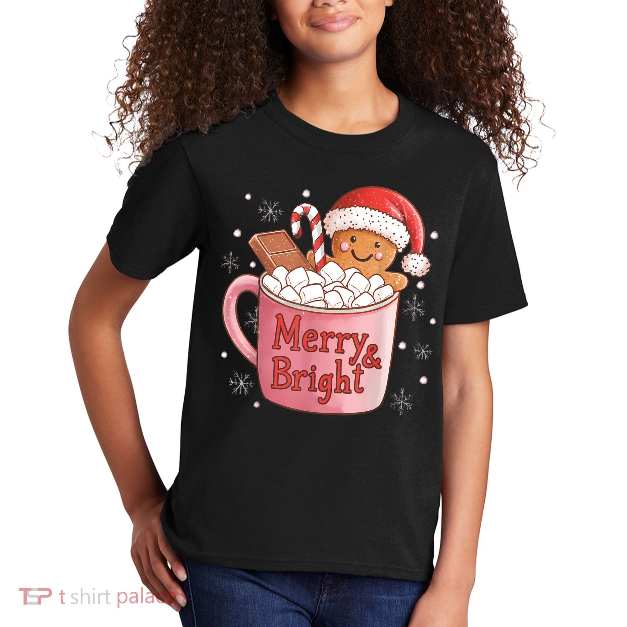 Funny Merry And Bright Christmas Gingerbread Man Hot Cocoa Kids T-Shirt