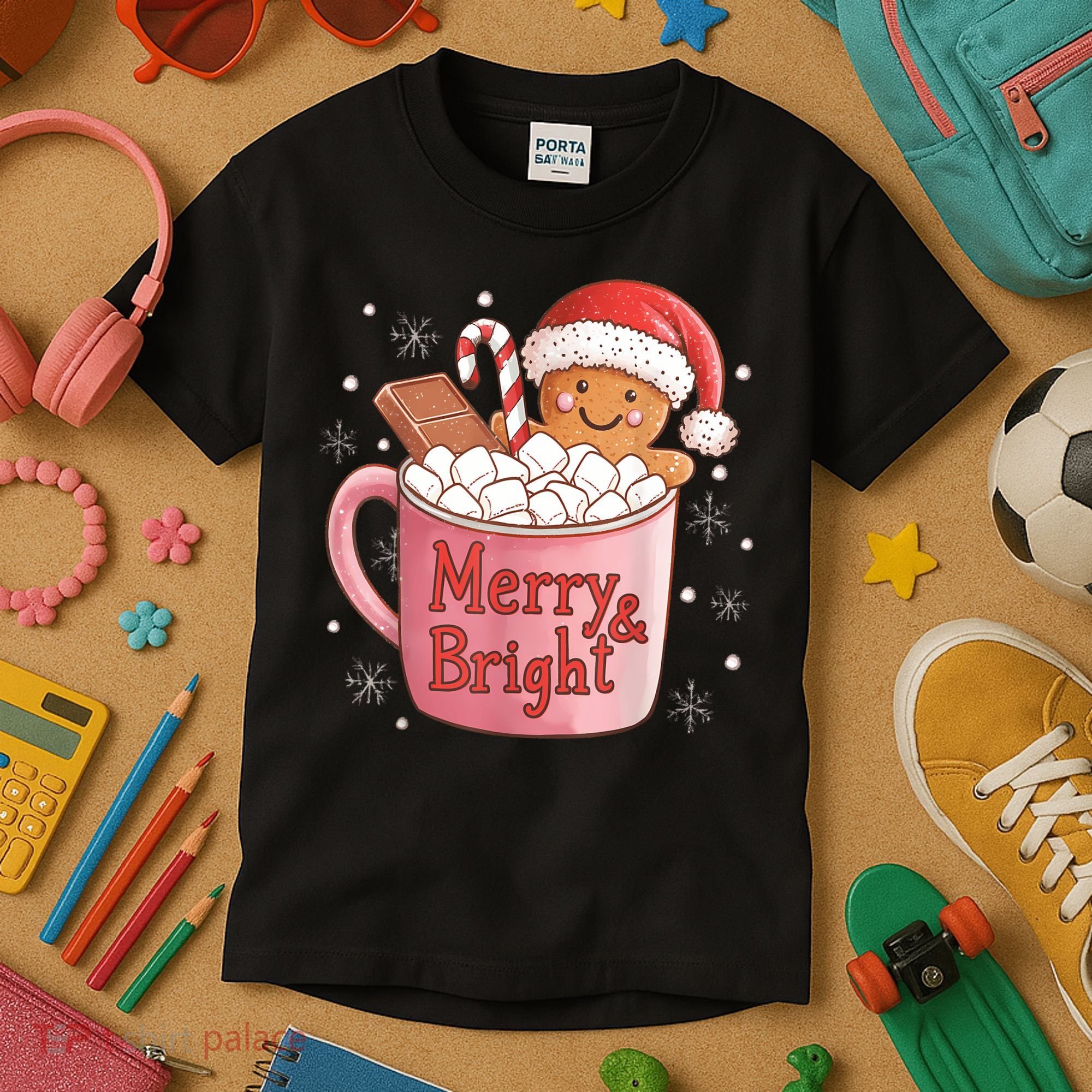 Funny Merry And Bright Christmas Gingerbread Man Hot Cocoa Kids T-Shirt