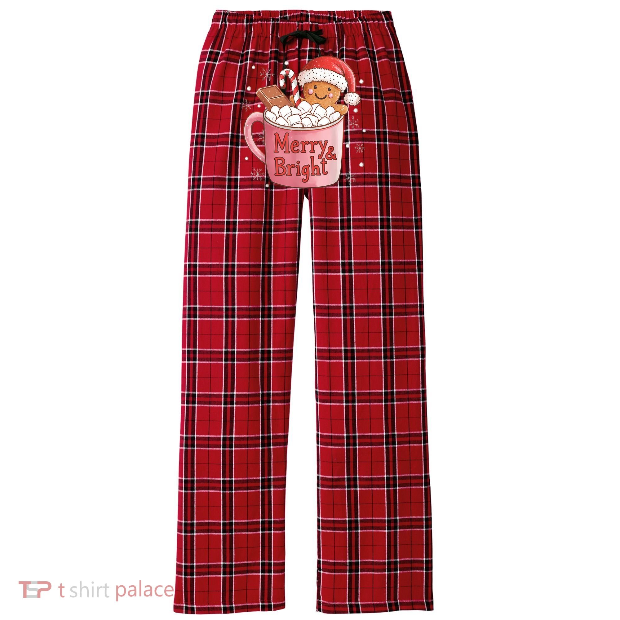 Funny Merry And Bright Christmas Gingerbread Man Hot Cocoa Women's Flannel Plaid Pajama Pants