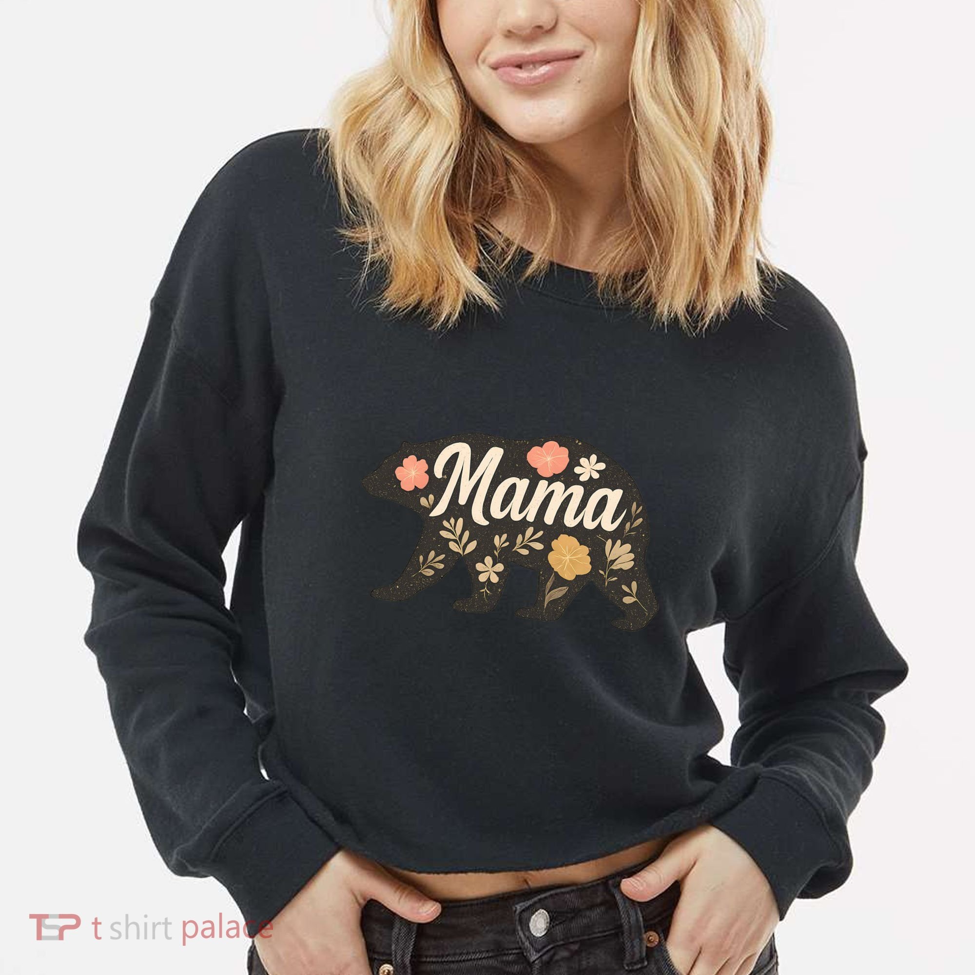 Floral Mama Bear Cropped Pullover Crew