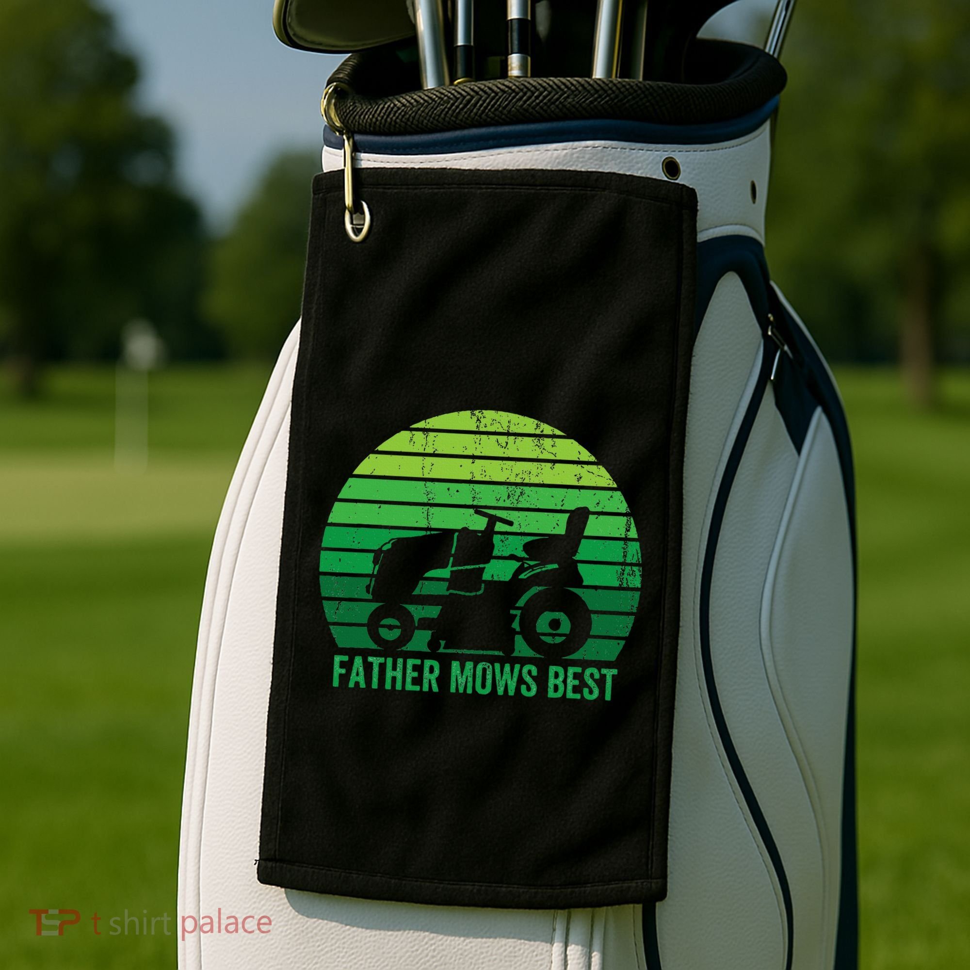 Father Mows Best Lawn Care Dad Mowing Gardener Golf Towel