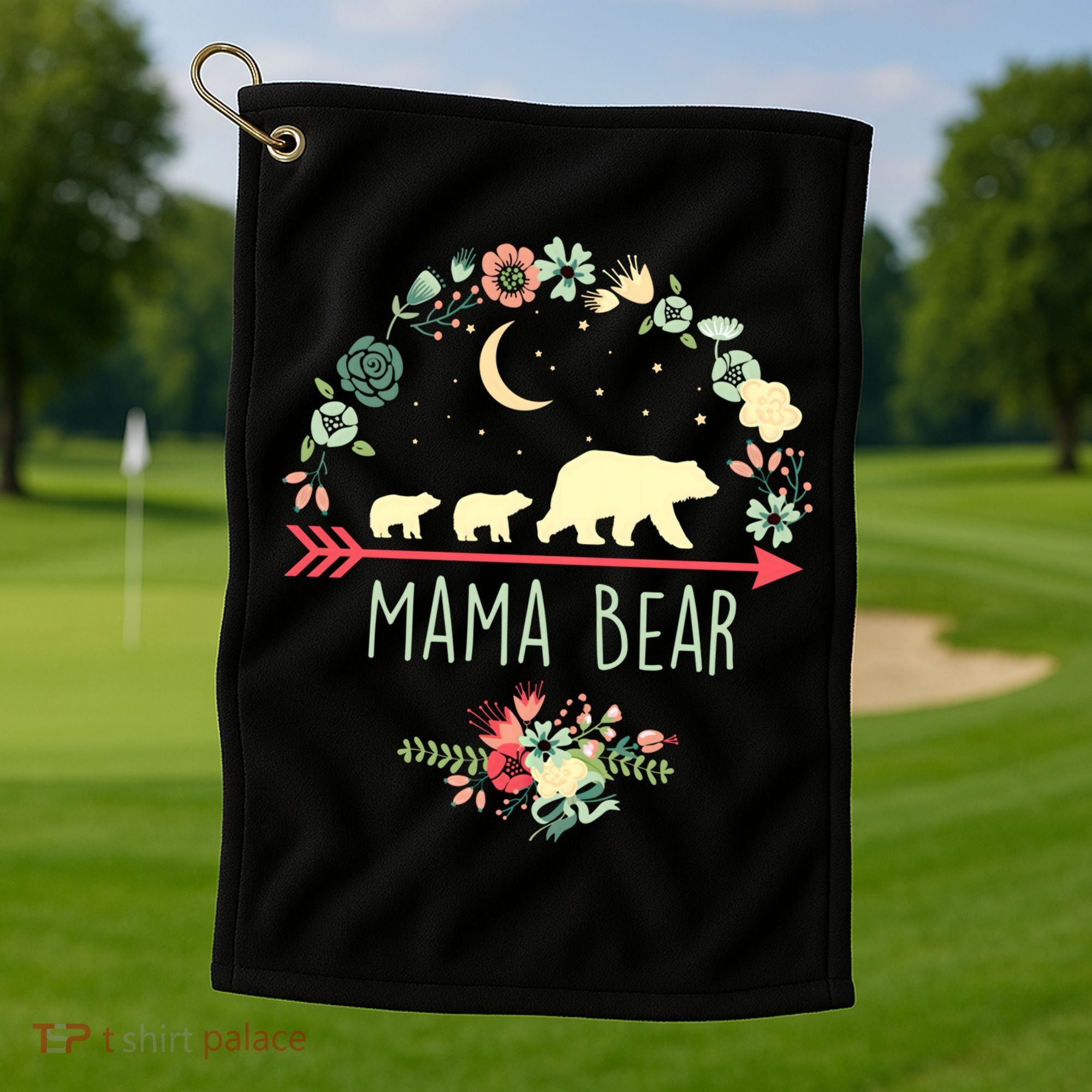 Floral Mama Bear With 2 Cubs Gift Golf Towel