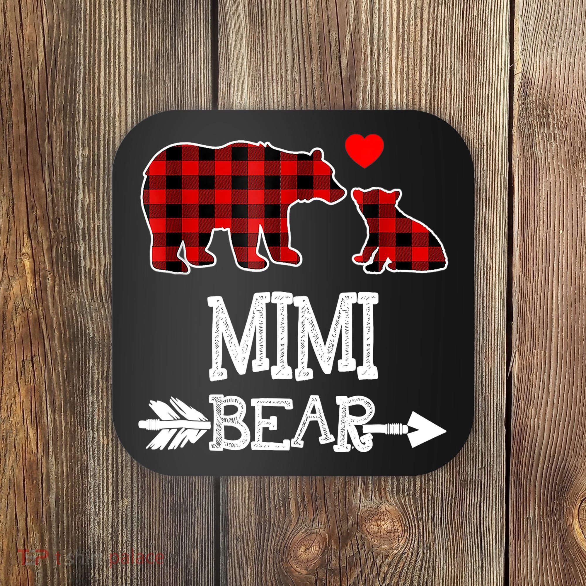 Funny Mimi Bear Red Buffalo Plaid Grandma Bear Christmas Pajama Coaster
