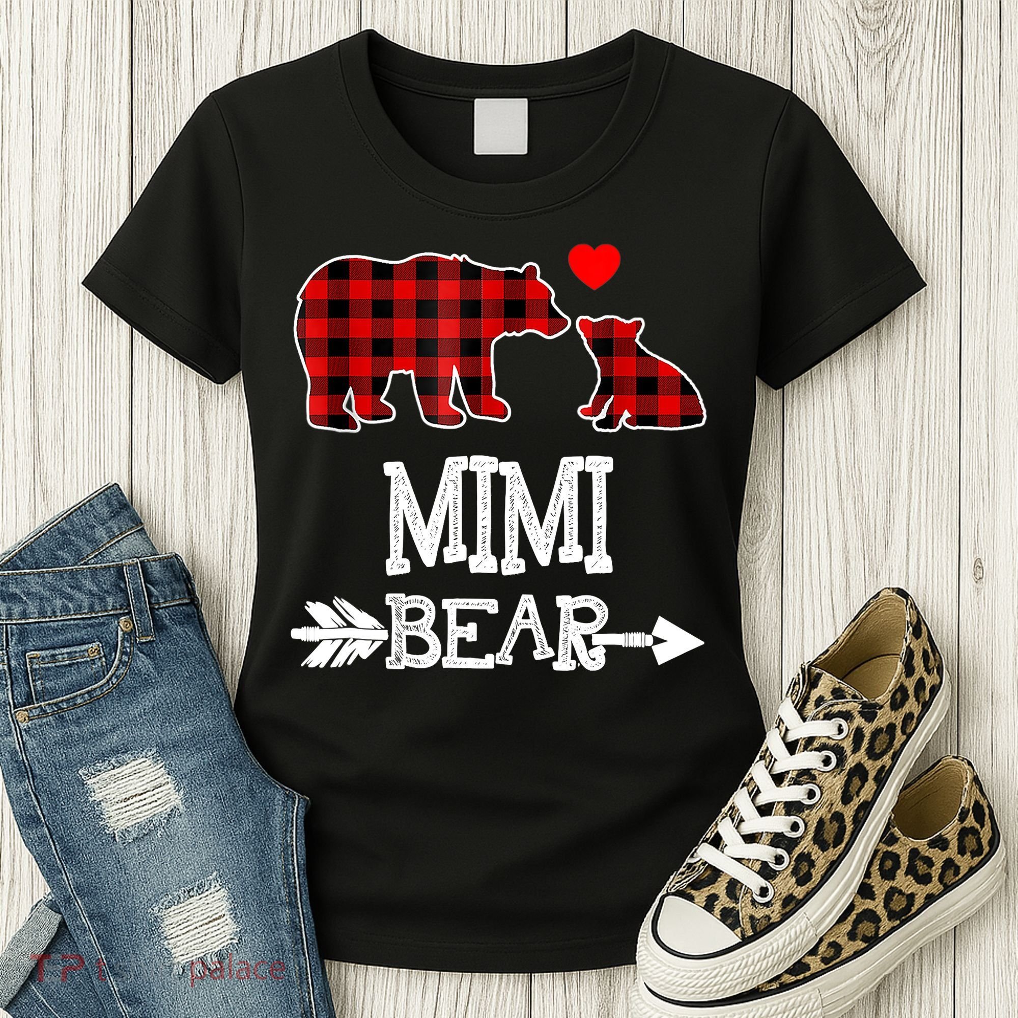 Funny Mimi Bear Red Buffalo Plaid Grandma Bear Christmas Pajama Women's T-Shirt