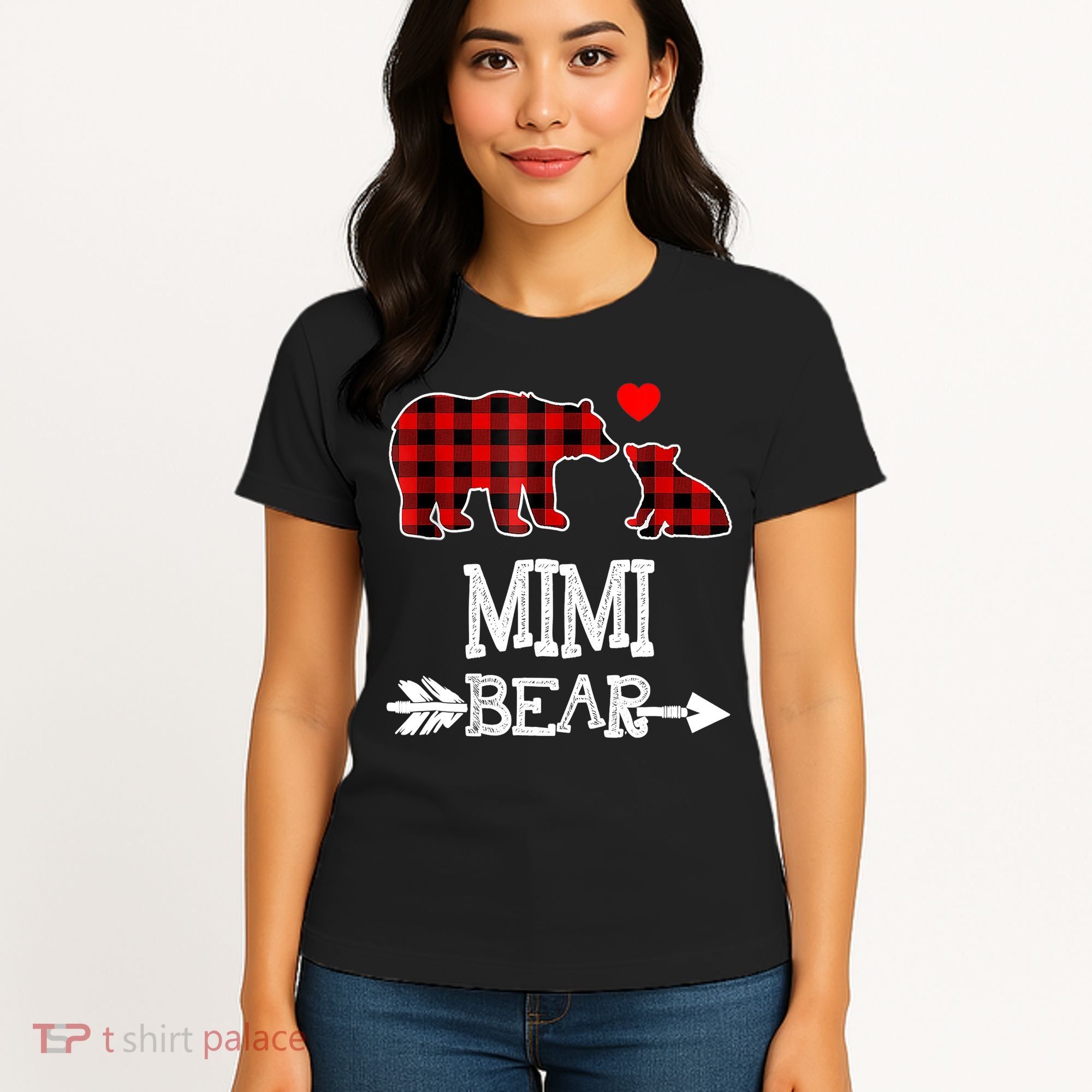 Funny Mimi Bear Red Buffalo Plaid Grandma Bear Christmas Pajama Women's T-Shirt