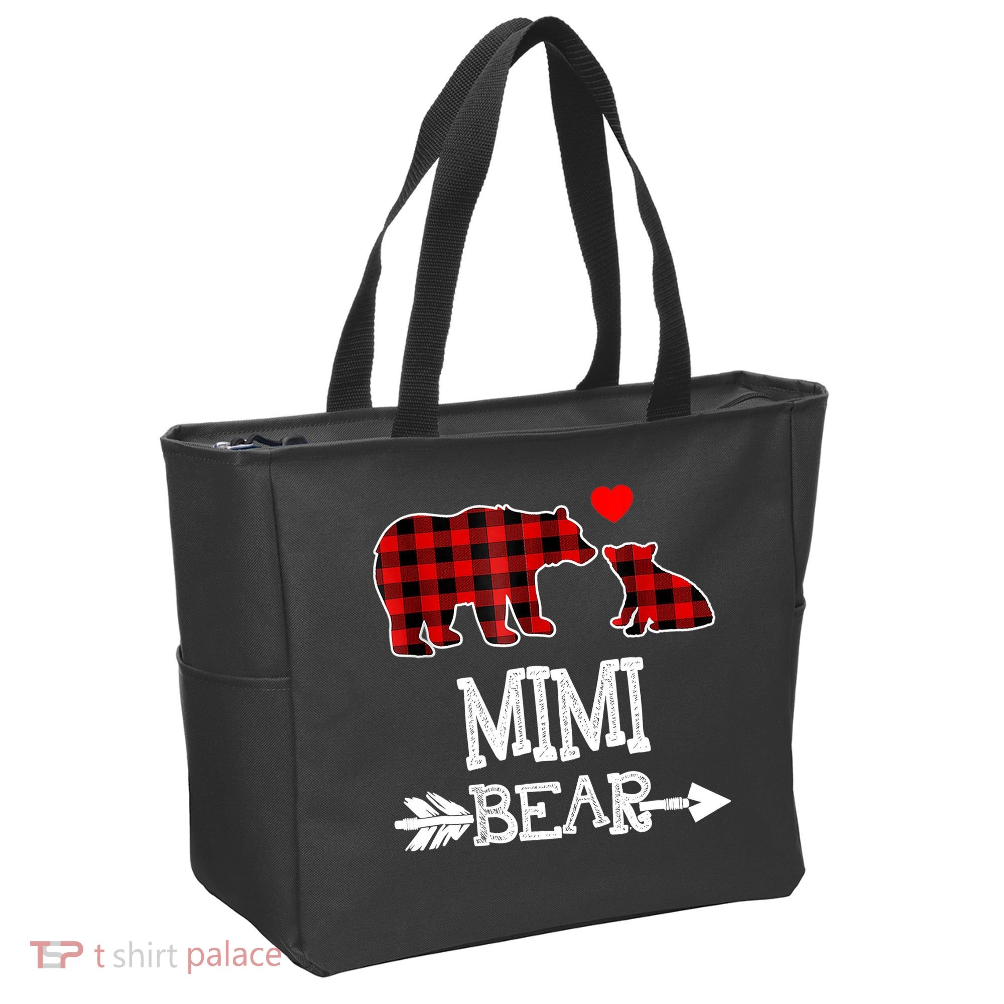 Funny Mimi Bear Red Buffalo Plaid Grandma Bear Christmas Pajama Tote Bag