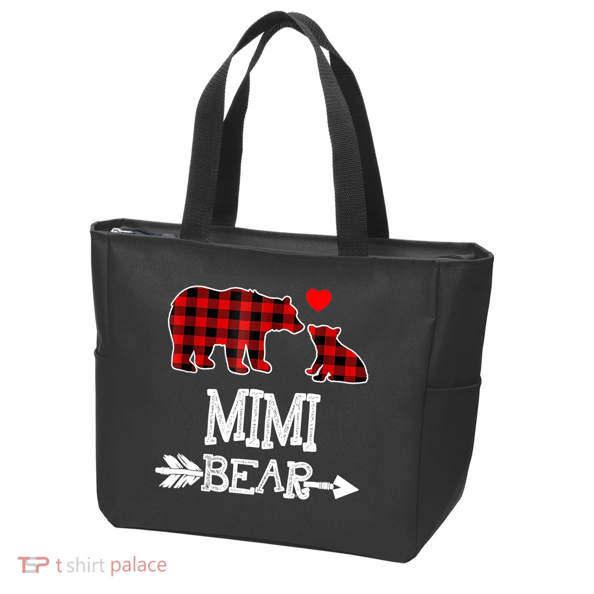 Funny Mimi Bear Red Buffalo Plaid Grandma Bear Christmas Pajama Tote Bag
