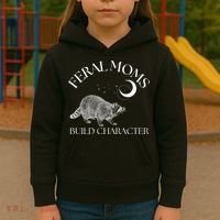 Feral Moms Build Character Raccoon Kids Hoodie thumb 3