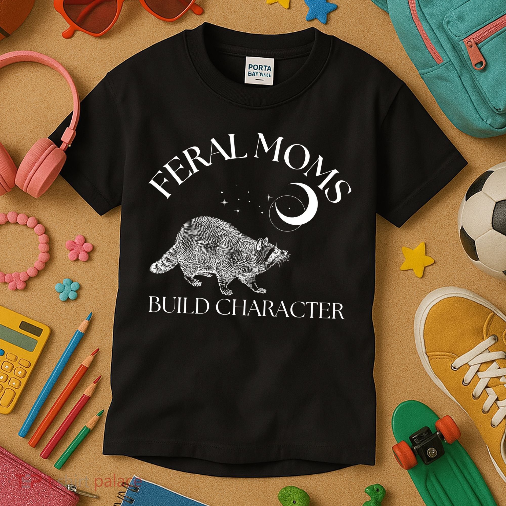 Feral Moms Build Character Raccoon Kids T-Shirt