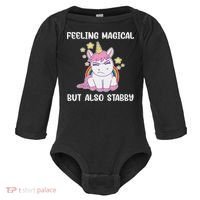 Feeling Magical But Also Stabby Rainbow Unicorn Gift Baby Long Sleeve Bodysuit thumb 0