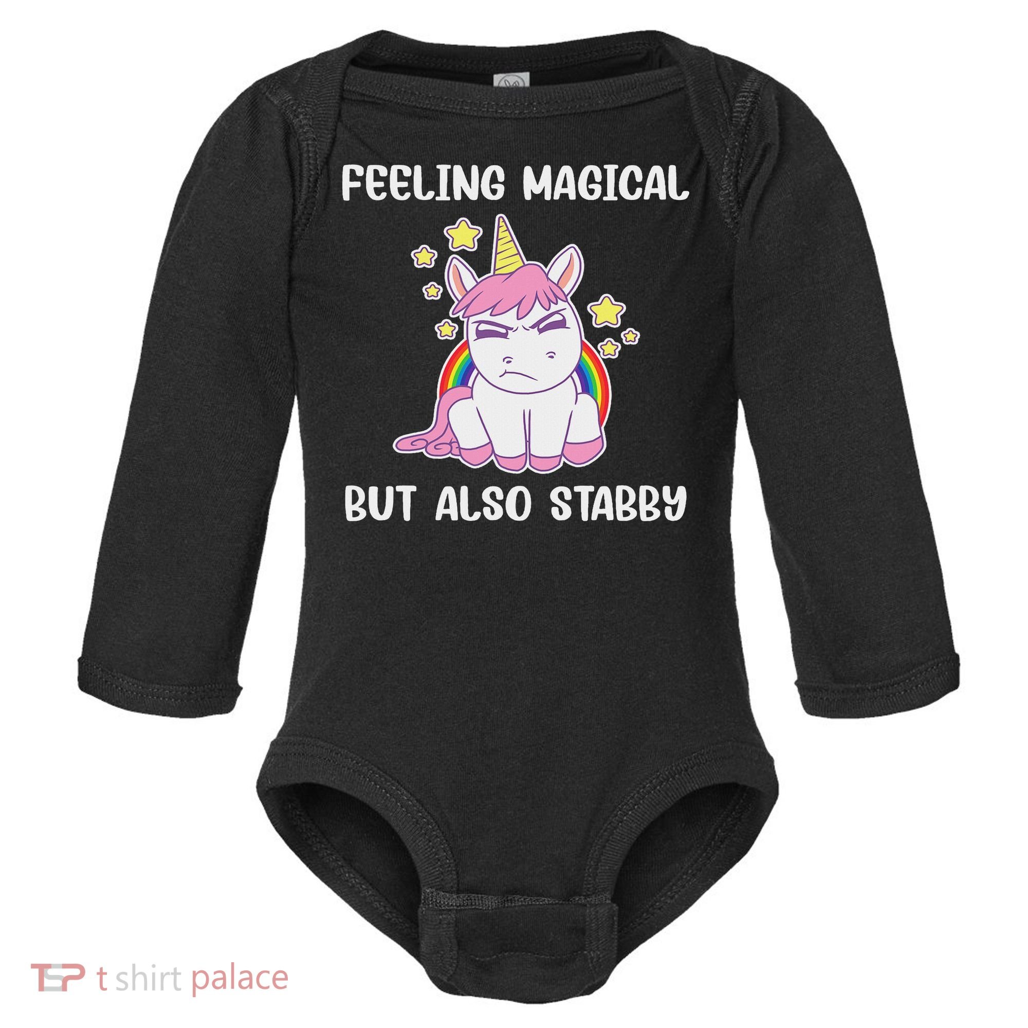 Feeling Magical But Also Stabby Rainbow Unicorn Gift Baby Long Sleeve Bodysuit
