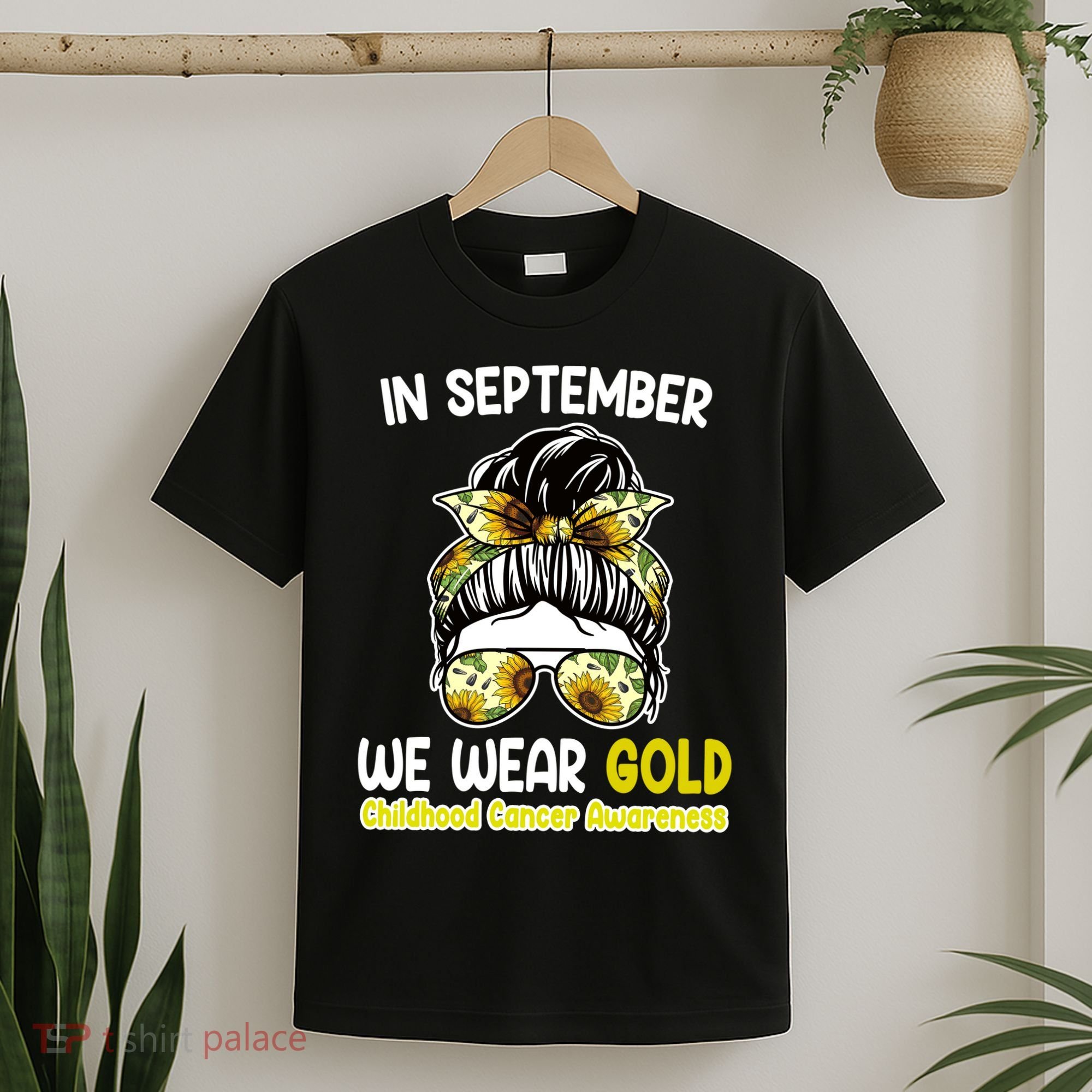 Floral Messy Bun In September We Wear Gold Childhood Cancer T-Shirt