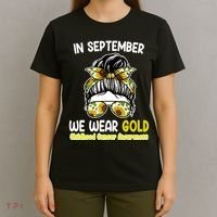 Floral Messy Bun In September We Wear Gold Childhood Cancer T-Shirt thumb 4