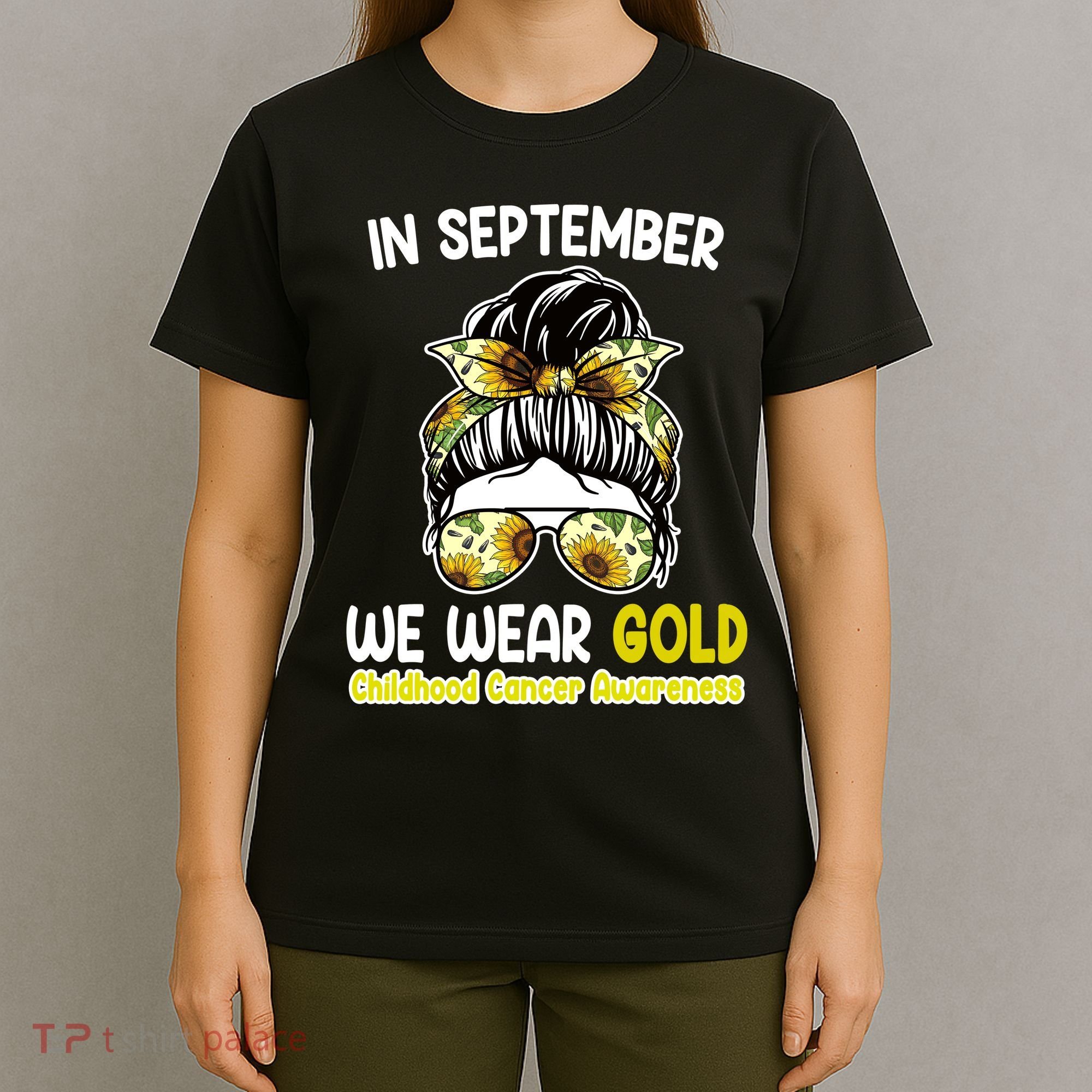 Floral Messy Bun In September We Wear Gold Childhood Cancer T-Shirt