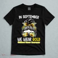 Floral Messy Bun In September We Wear Gold Childhood Cancer T-Shirt thumb 5