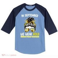 Floral Messy Bun In September We Wear Gold Childhood Cancer Raglan Baseball Sleeve Shirt thumb 0