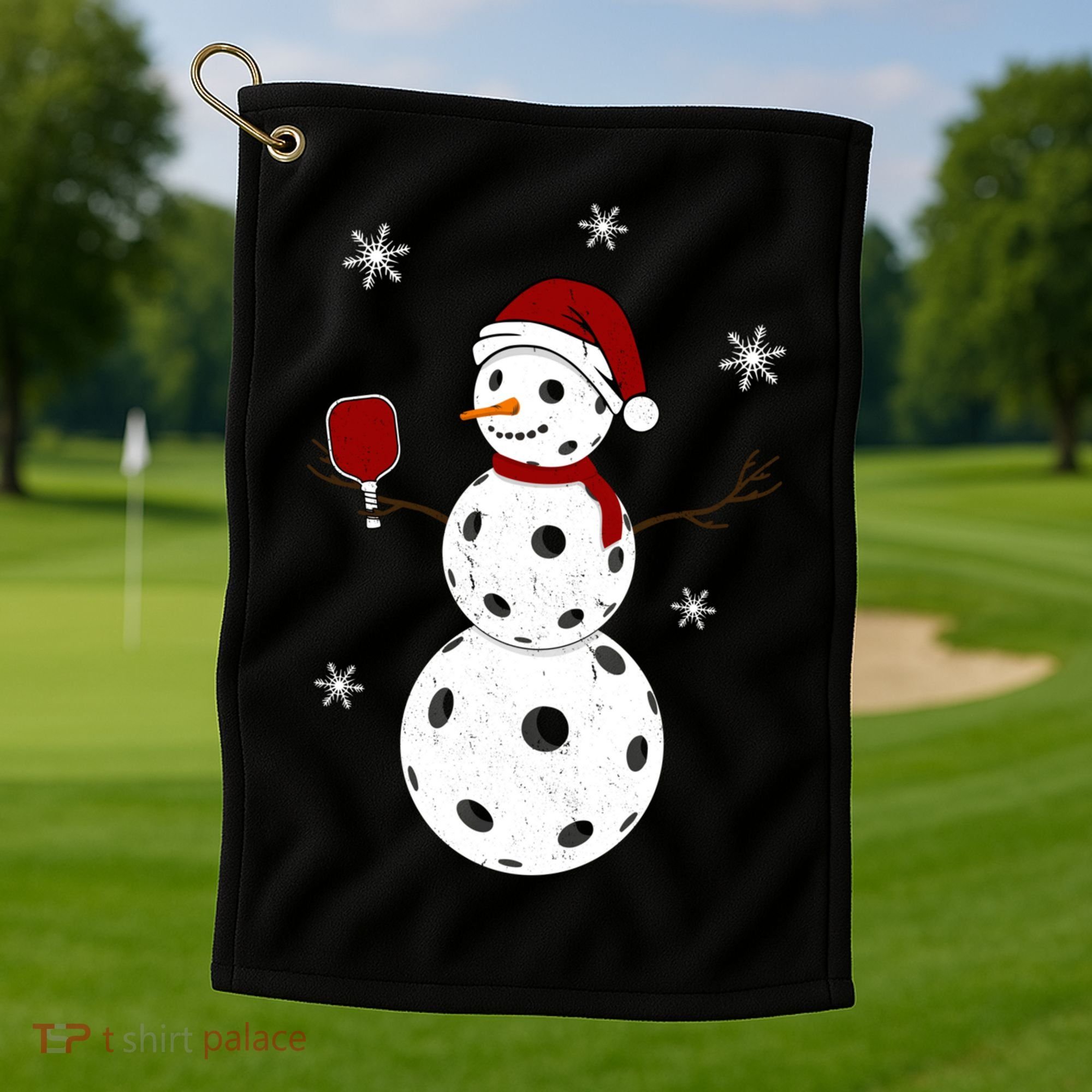 Funny Merry Christmas Snowman Playing Pickleball Golf Towel