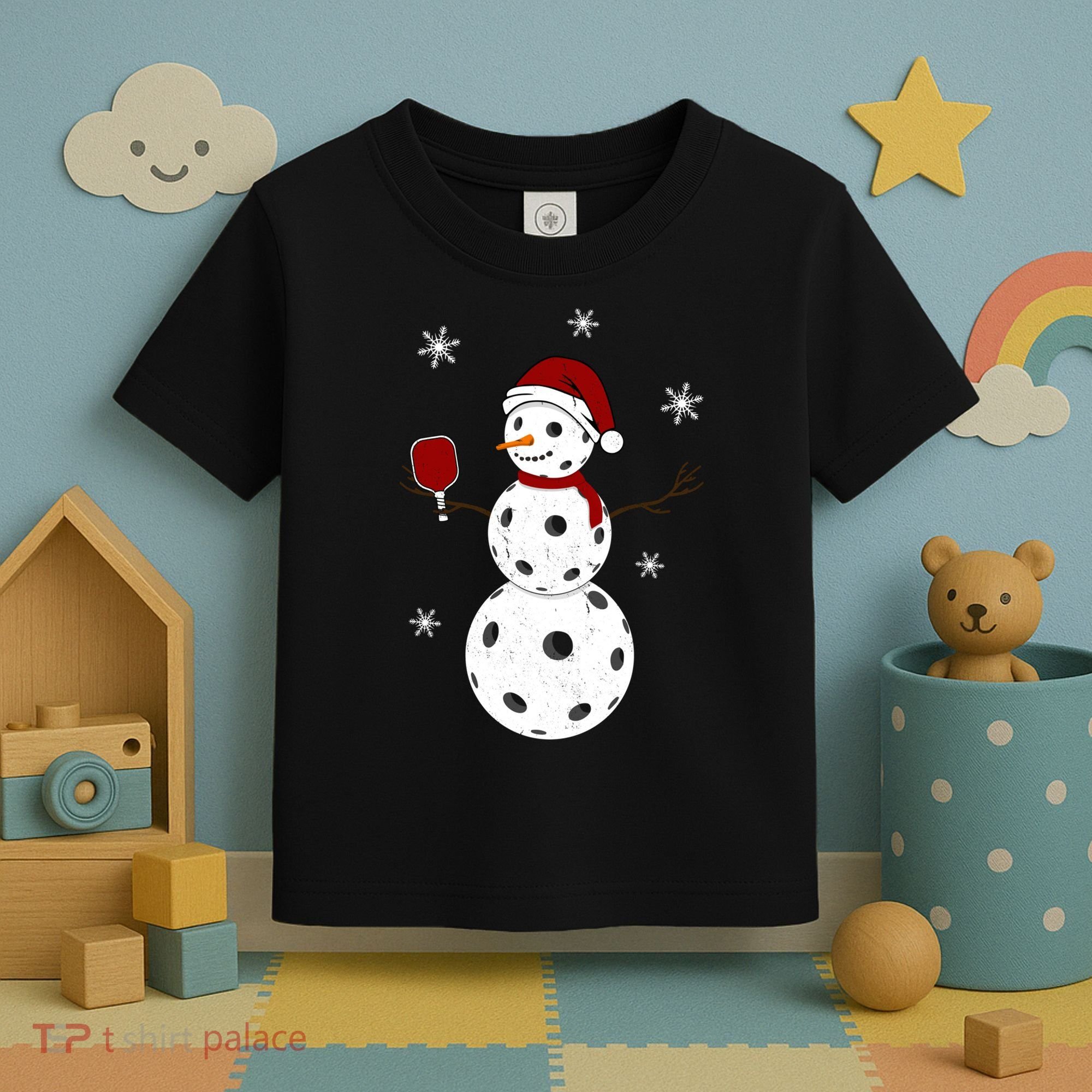 Funny Merry Christmas Snowman Playing Pickleball Toddler T-Shirt