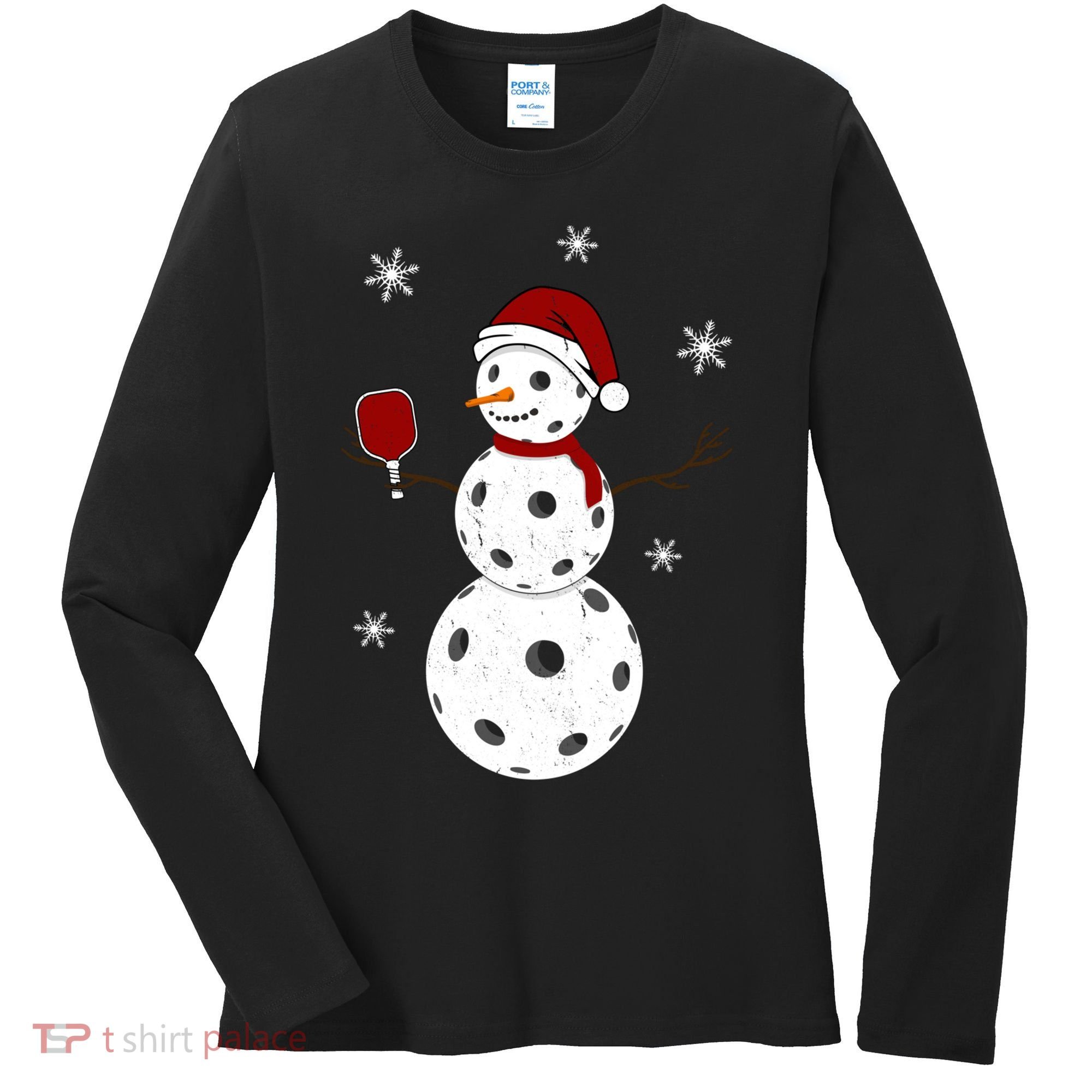 Funny Merry Christmas Snowman Playing Pickleball Women's Long Sleeve Shirt