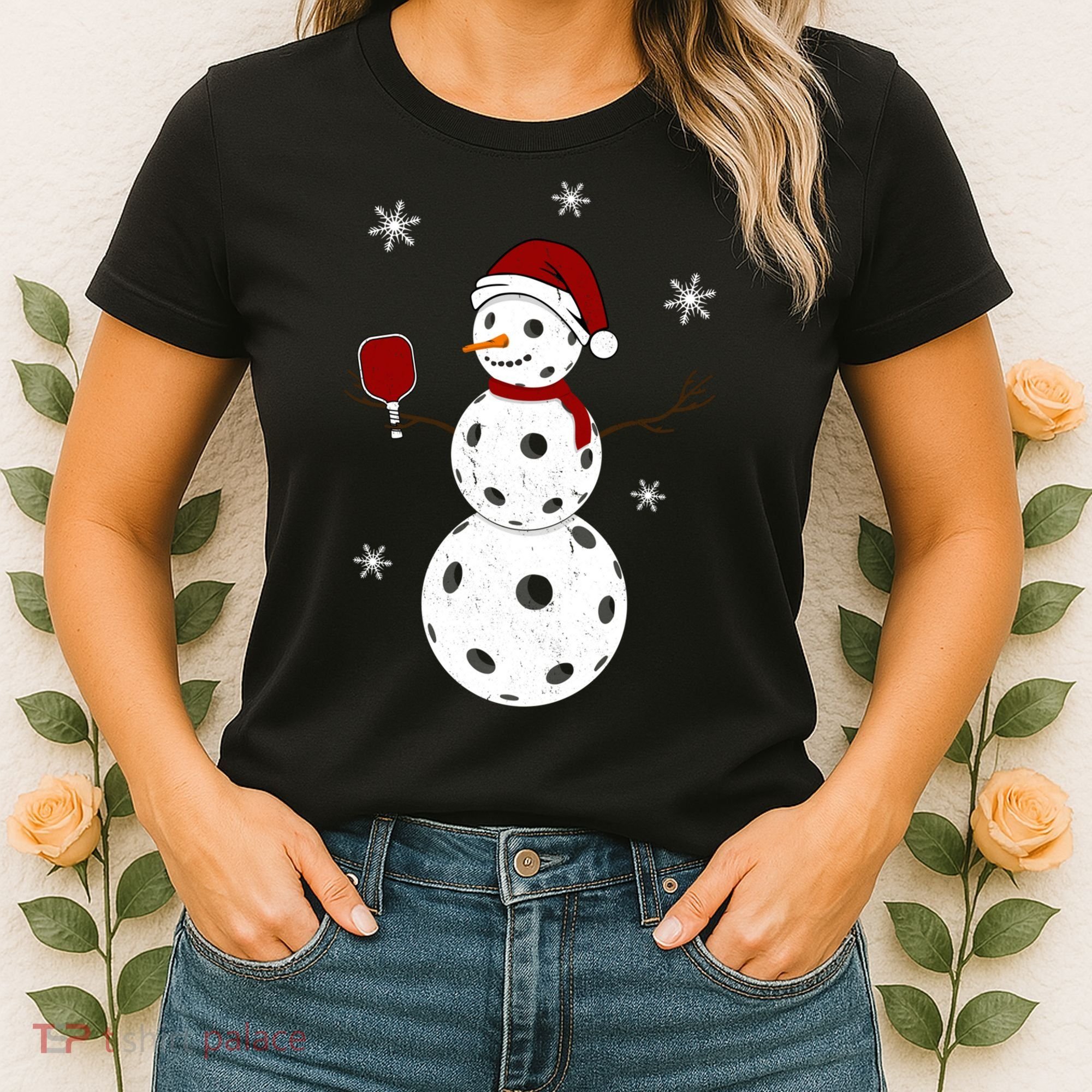 Funny Merry Christmas Snowman Playing Pickleball Women's T-Shirt