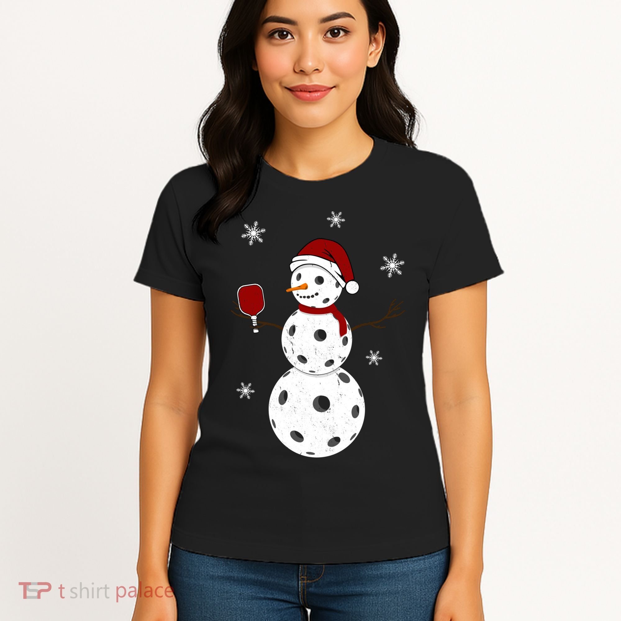Funny Merry Christmas Snowman Playing Pickleball Women's T-Shirt