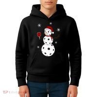 Funny Merry Christmas Snowman Playing Pickleball Kids Hoodie thumb 4