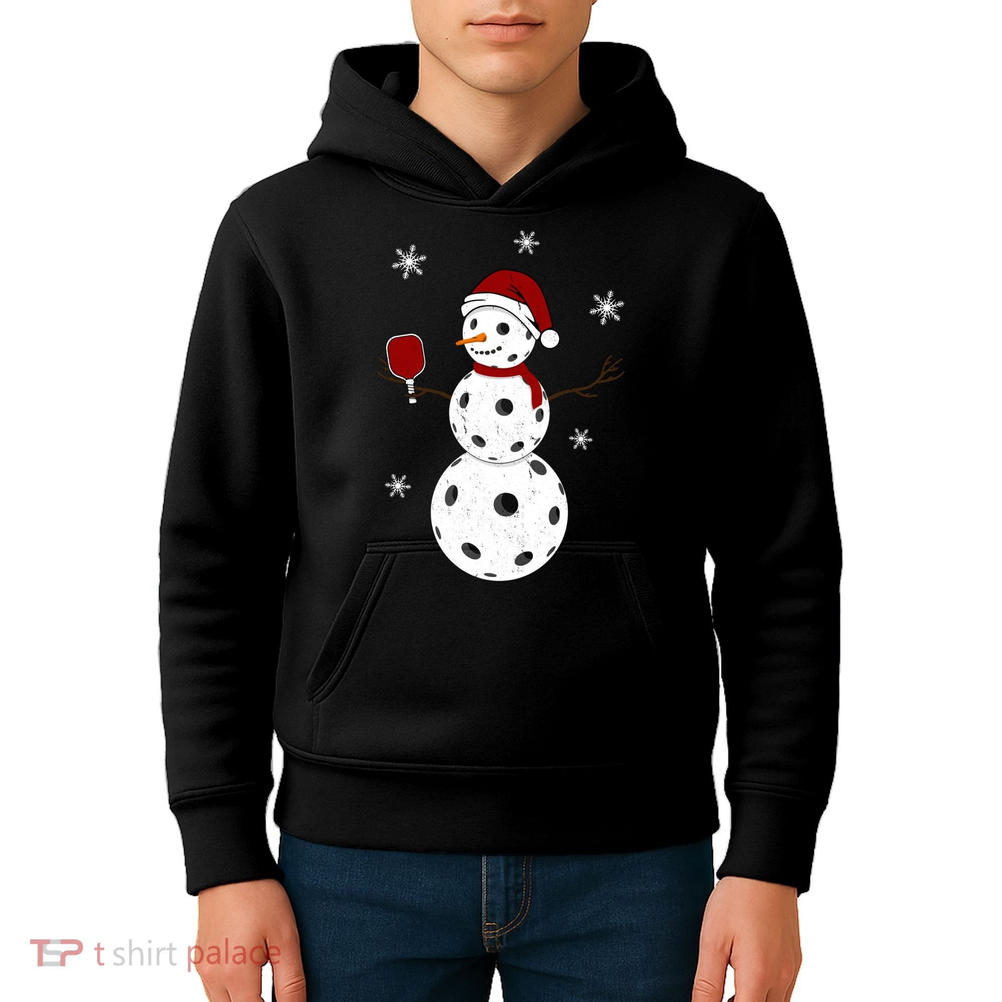 Funny Merry Christmas Snowman Playing Pickleball Kids Hoodie