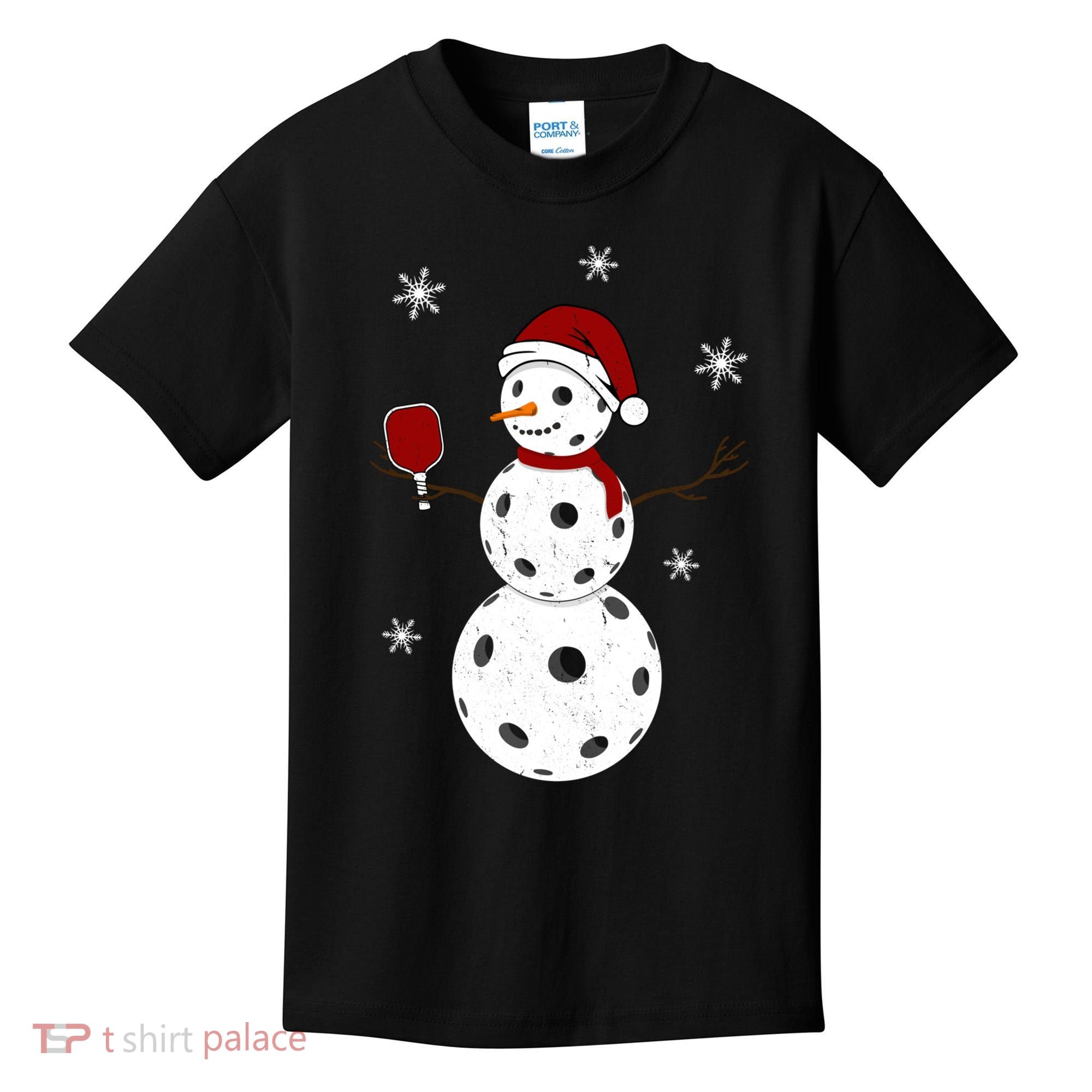 Funny Merry Christmas Snowman Playing Pickleball Kids T-Shirt