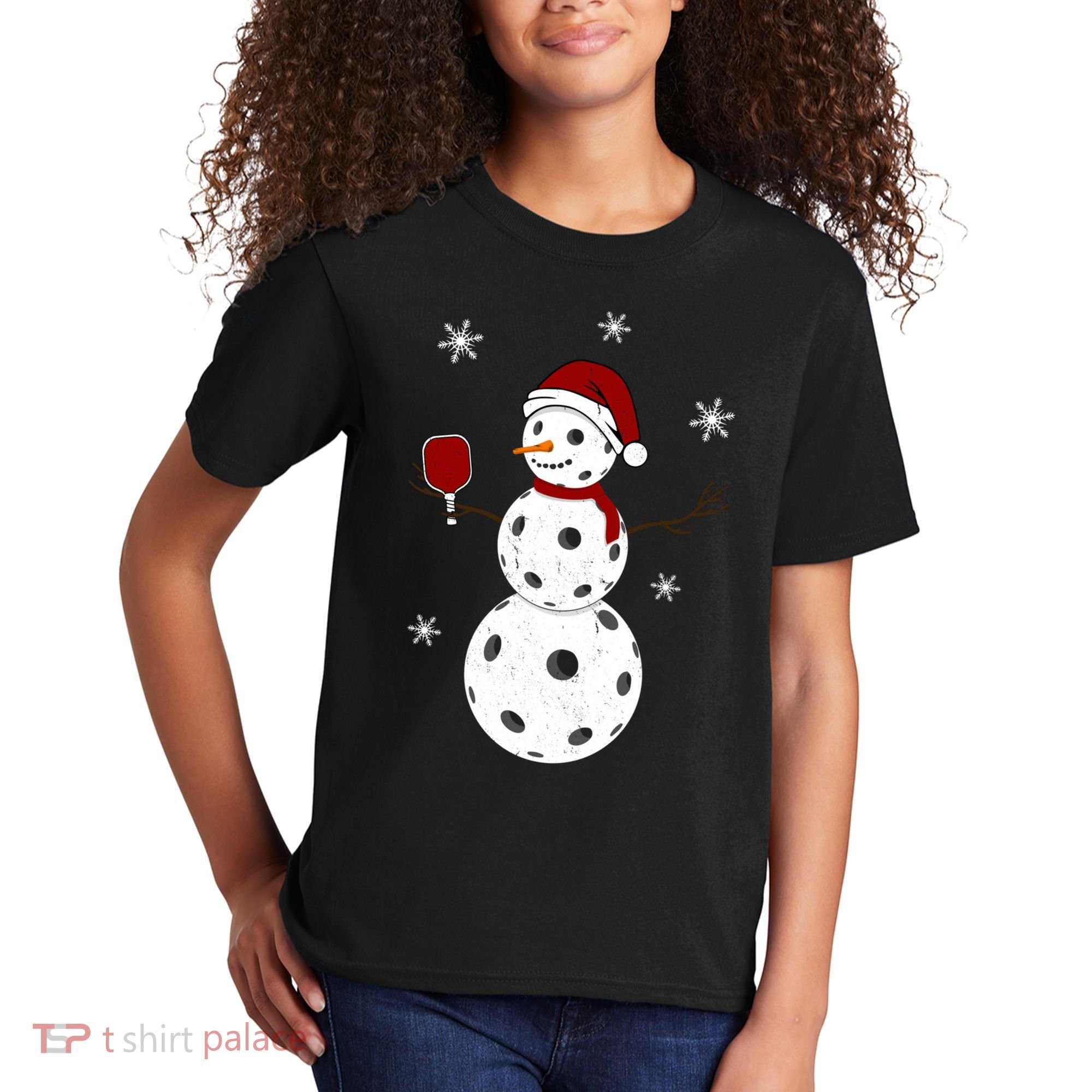 Funny Merry Christmas Snowman Playing Pickleball Kids T-Shirt
