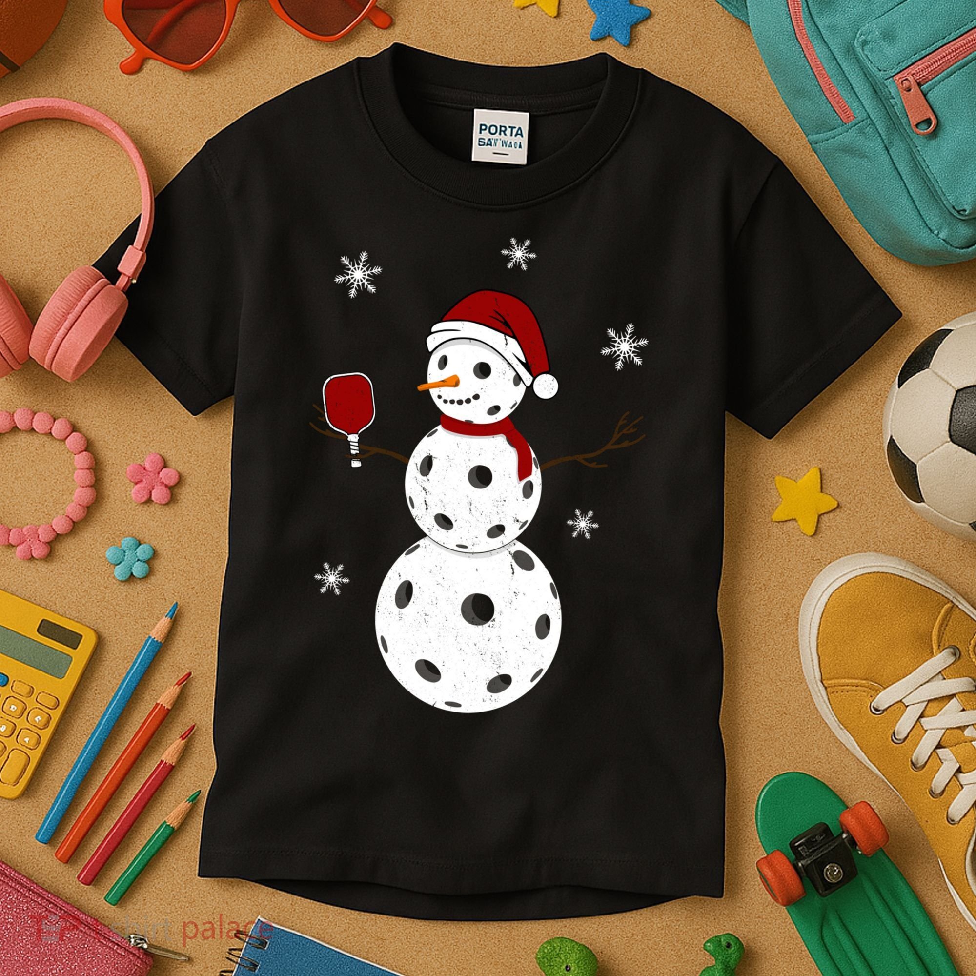 Funny Merry Christmas Snowman Playing Pickleball Kids T-Shirt