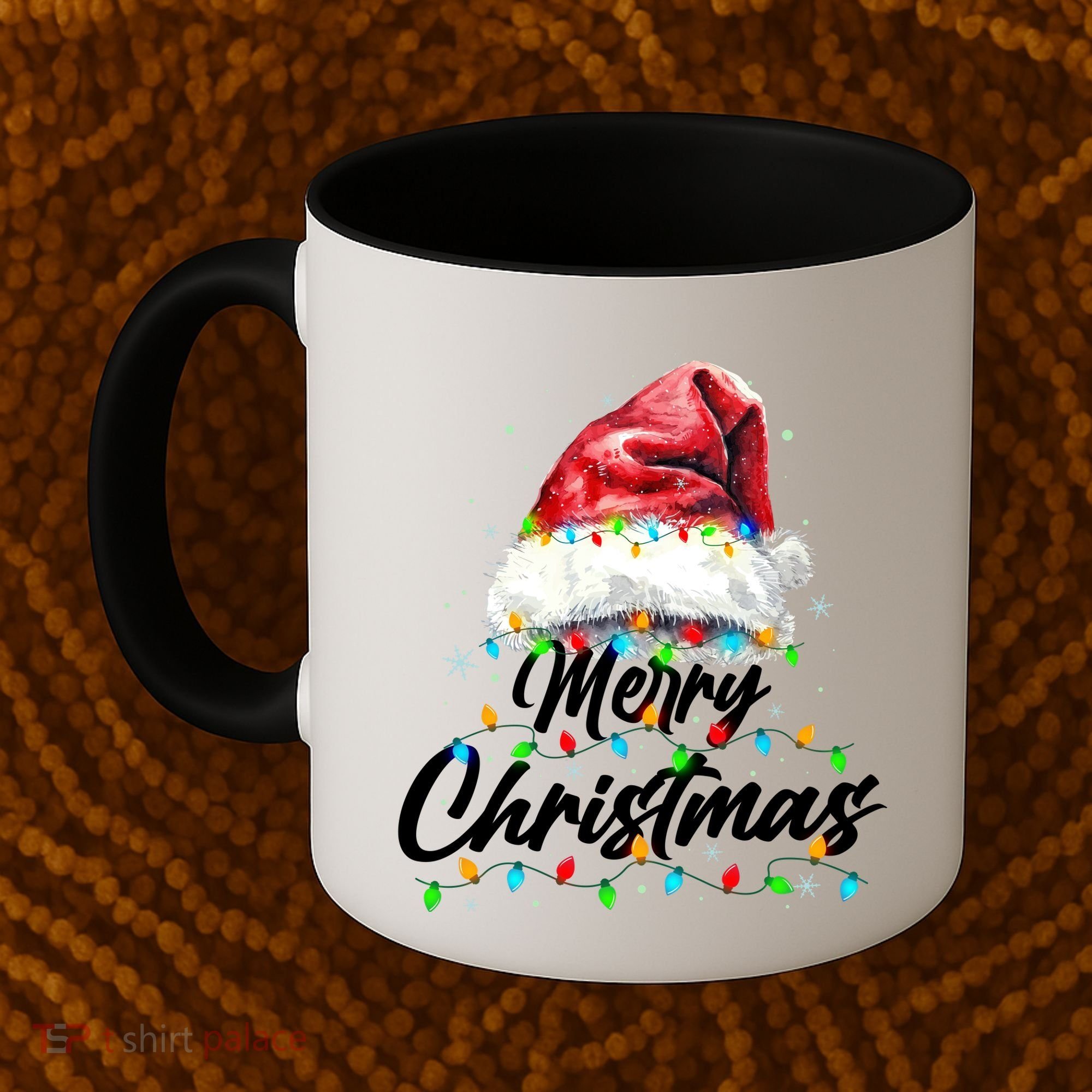 Festive Merry Christmas Santa Hat Christmas Lights Coffee Mug