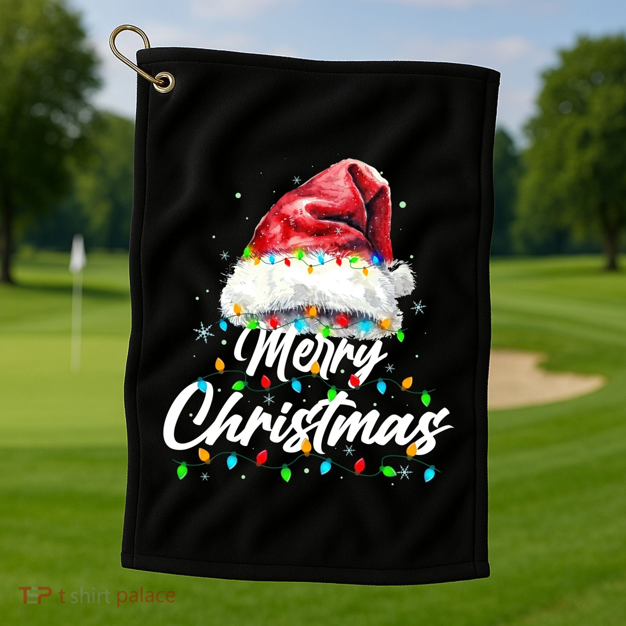 Festive Merry Christmas Santa Hat Christmas Lights Golf Towel