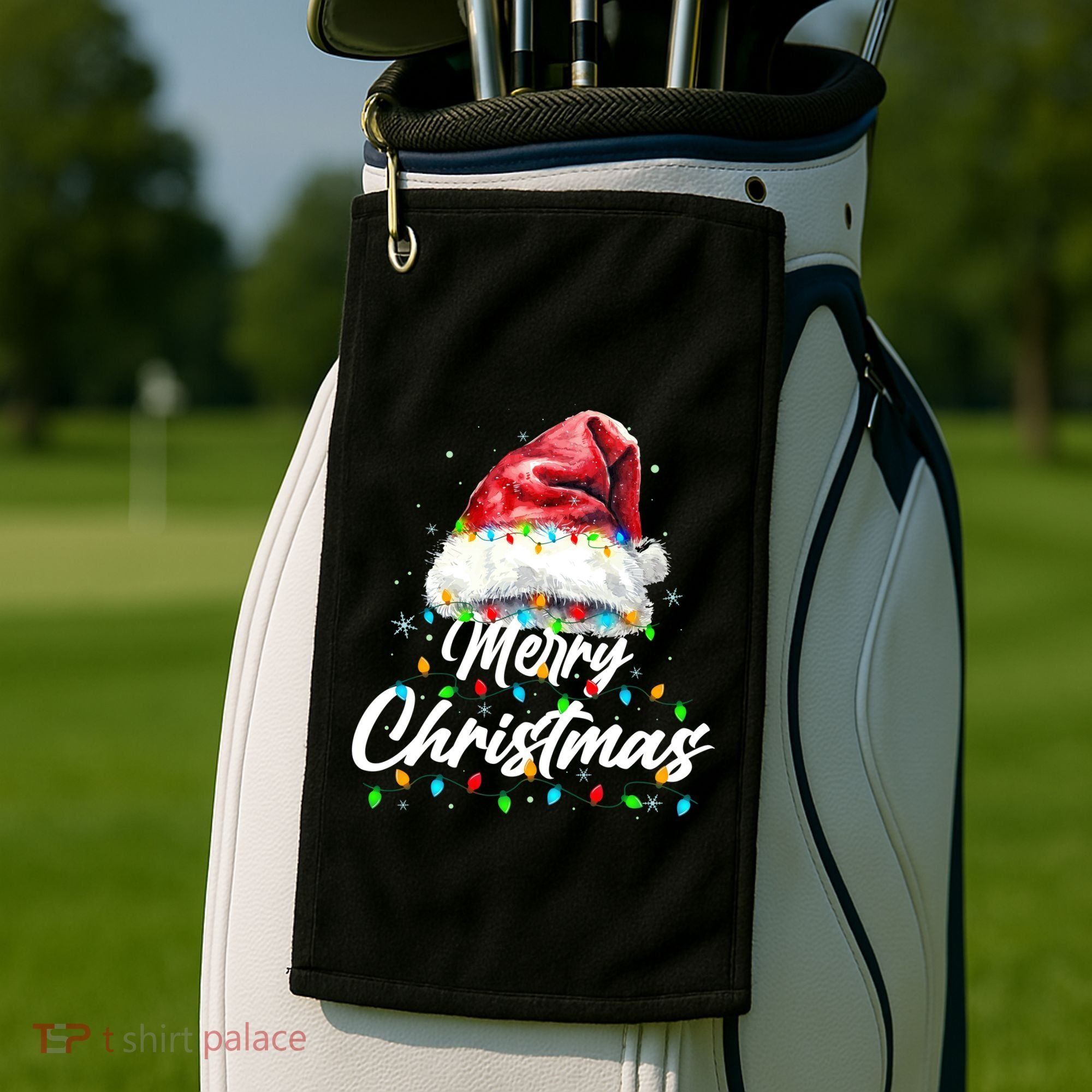 Festive Merry Christmas Santa Hat Christmas Lights Golf Towel