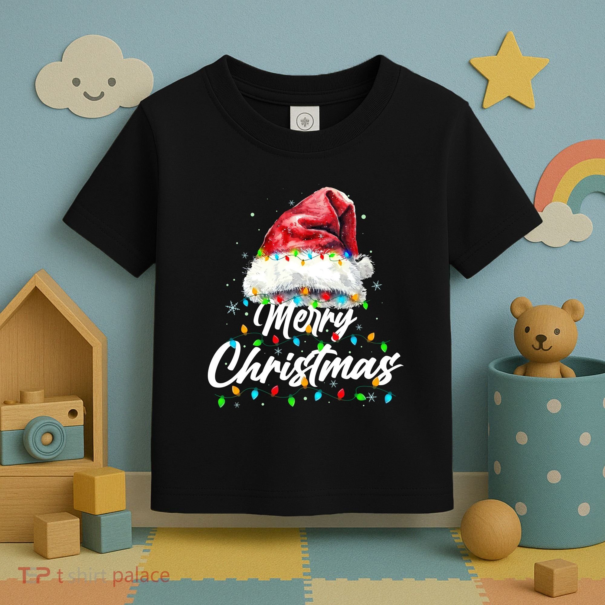Festive Merry Christmas Santa Hat Christmas Lights Toddler T-Shirt
