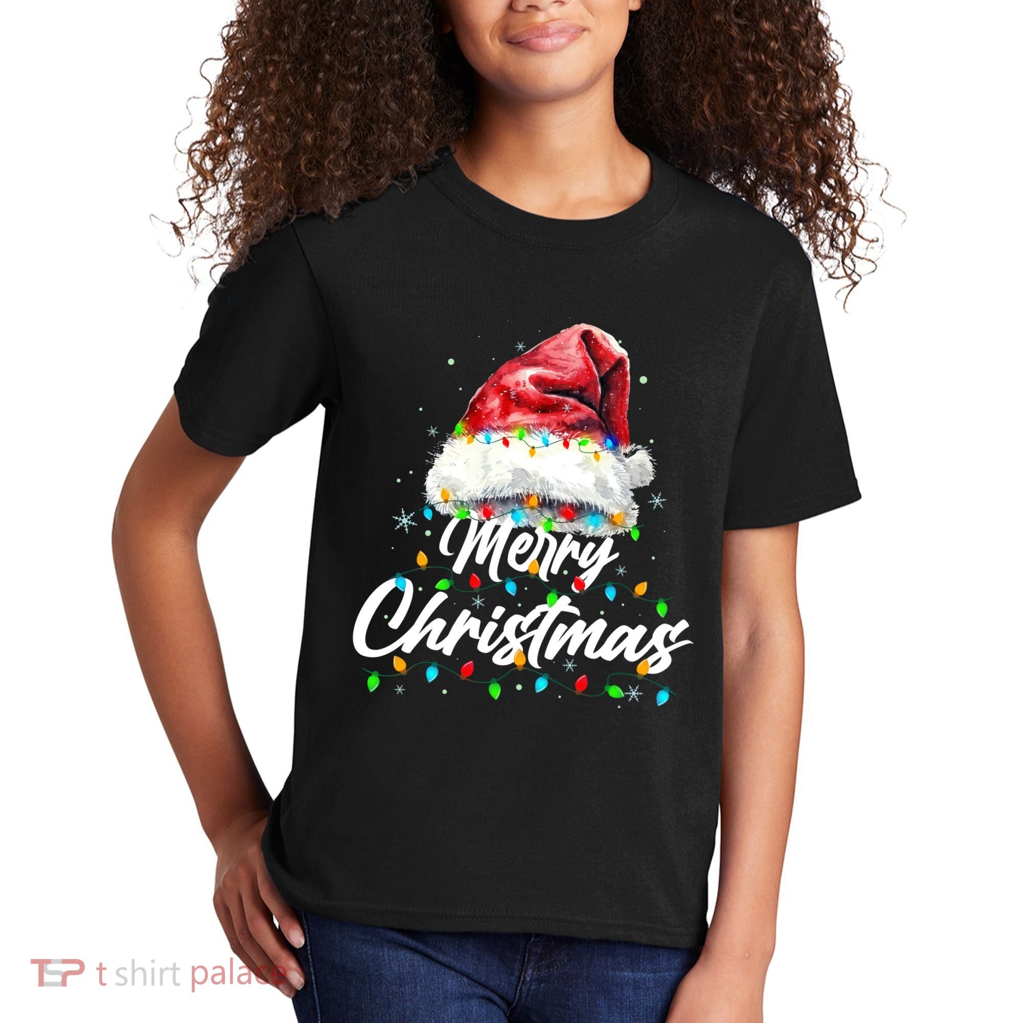 Festive Merry Christmas Santa Hat Christmas Lights Kids T-Shirt